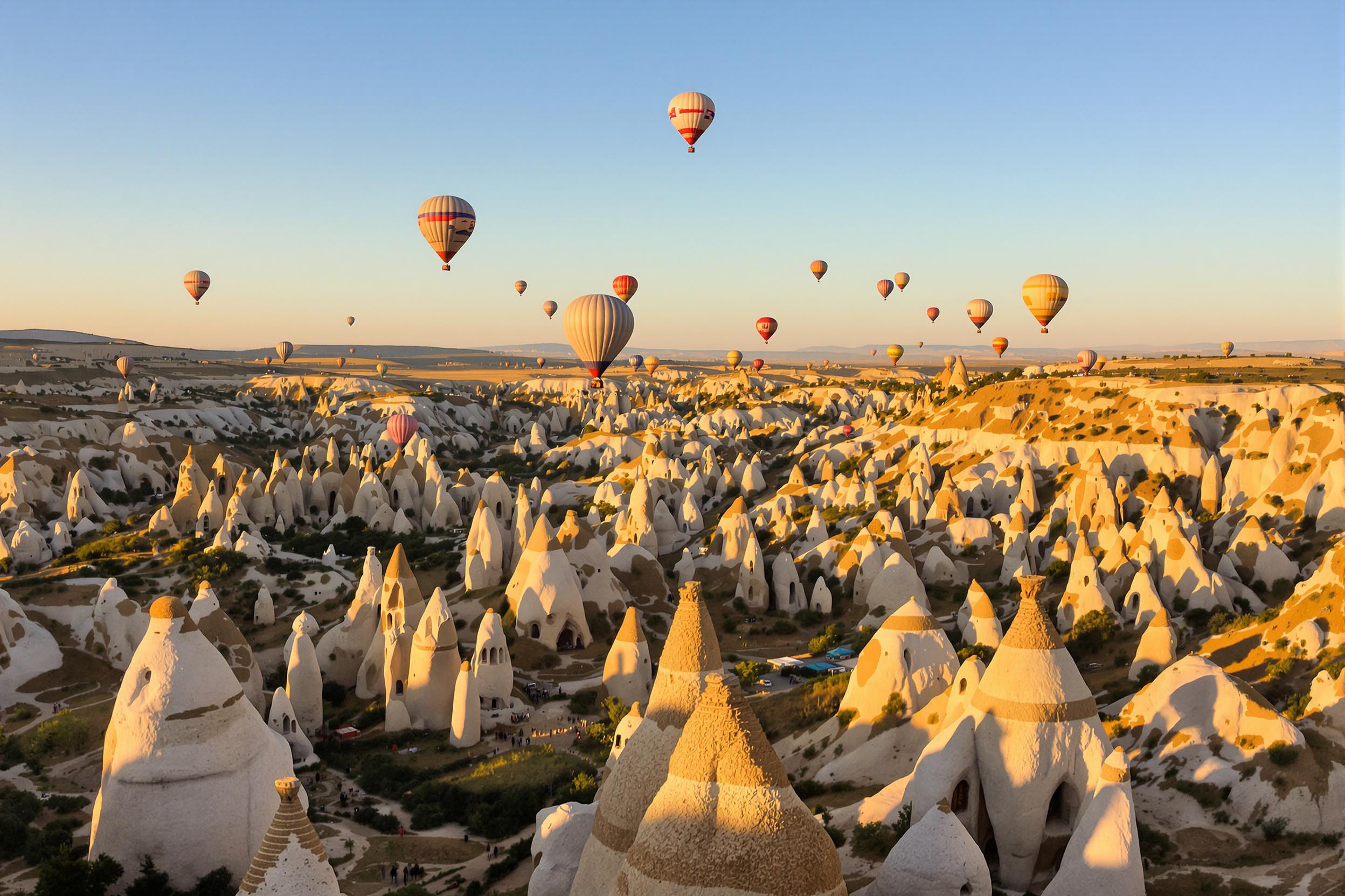 Experience the ethereal beauty of Cappadocia's iconic fairy chimneys at sunrise. Hot air balloons float gracefully above the otherworldly landscape, casting long shadows across the unique rock formations. This captivating scene showcases the region's geological wonders and popular tourist activity.