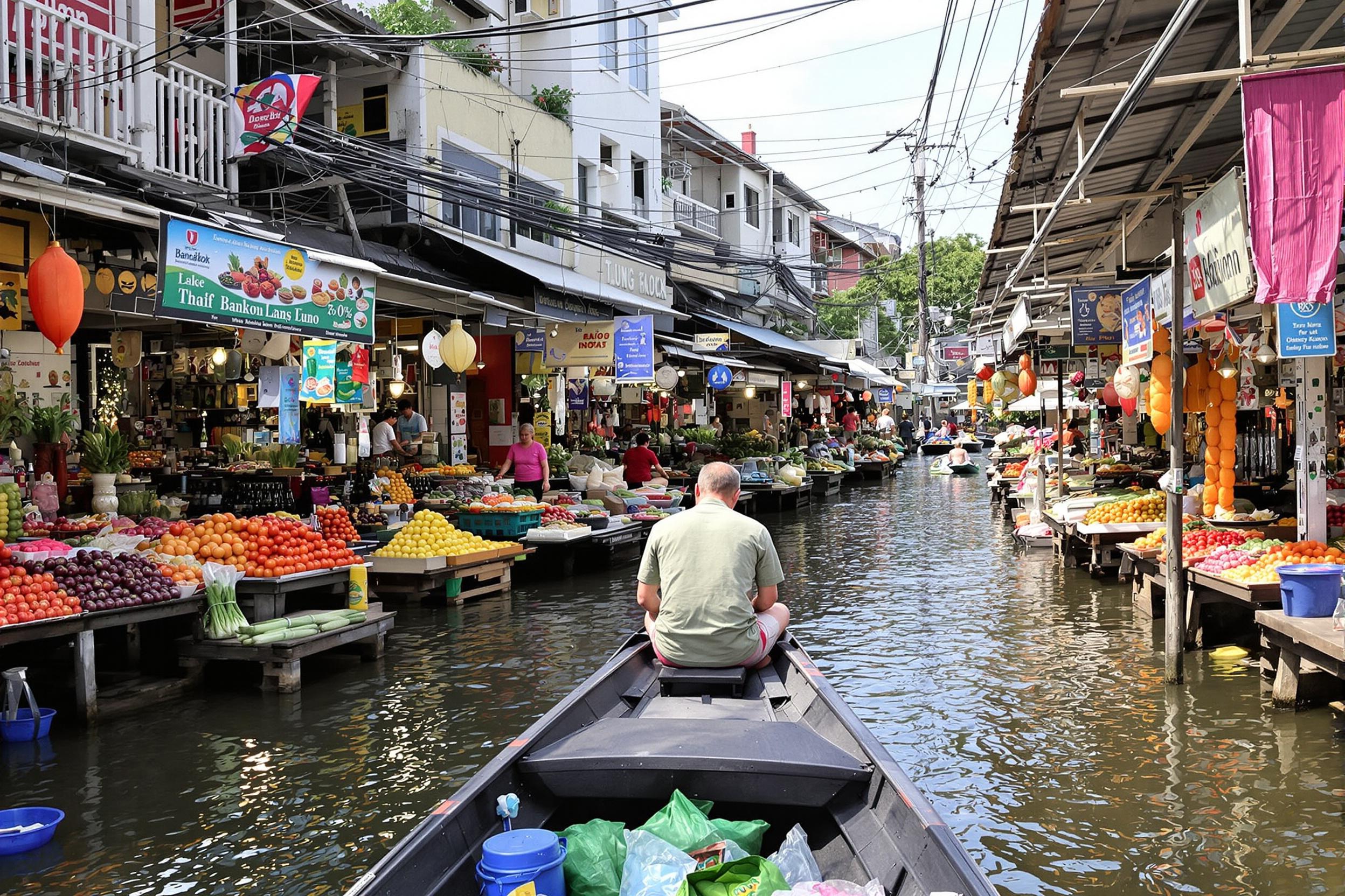 Experience the vibrant chaos of Bangkok's floating markets. A long-tail boat navigates narrow canals lined with wooden stalls, showcasing colorful fruits, vegetables, and local delicacies. The bustling atmosphere captures the essence of Thai culture and commerce.