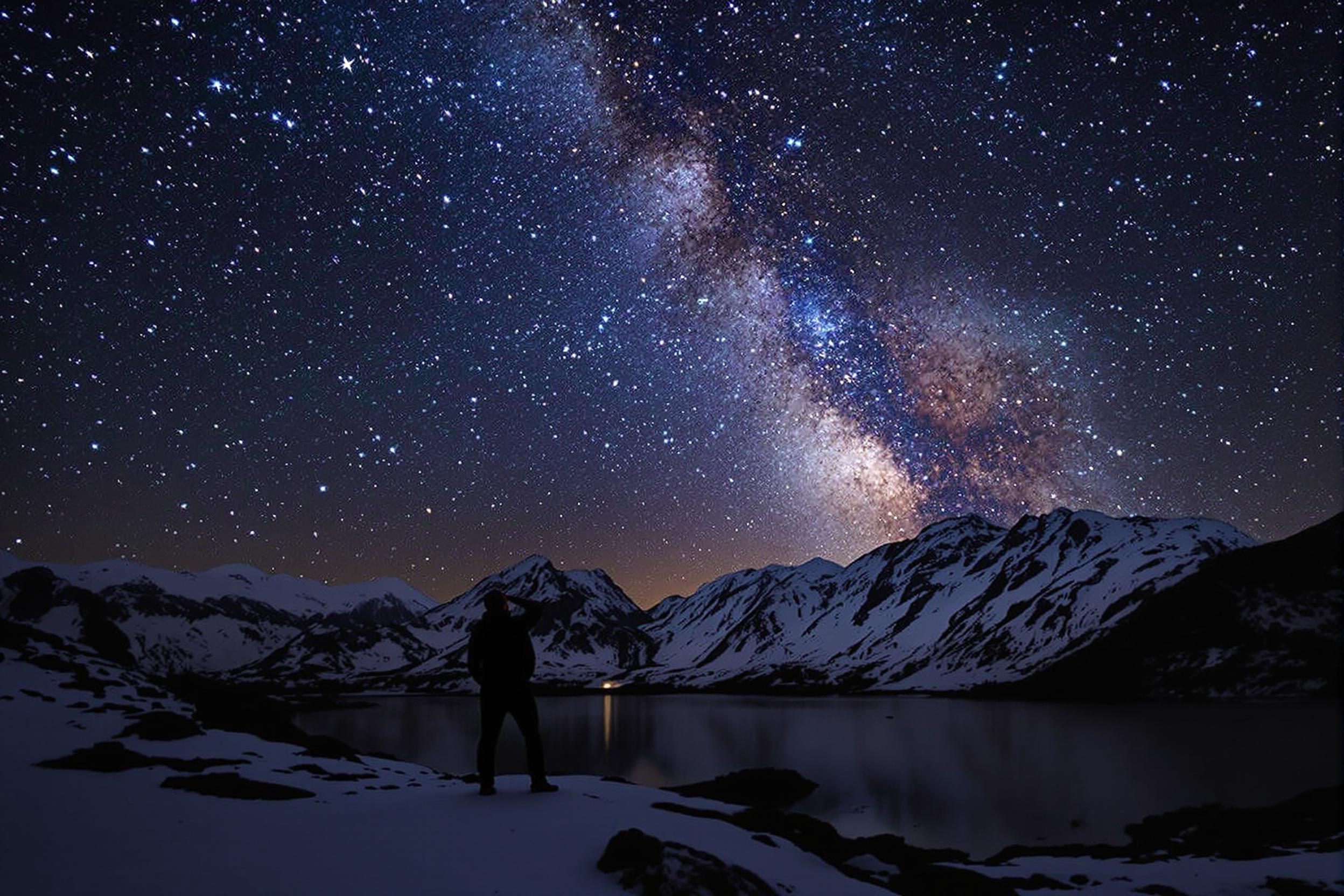 Immerse yourself in the celestial wonders of New Zealand's Aoraki Mackenzie International Dark Sky Reserve. A silhouetted figure gazes up at the Milky Way, surrounded by snow-capped peaks and pristine alpine lakes, showcasing the ultimate stargazing destination.