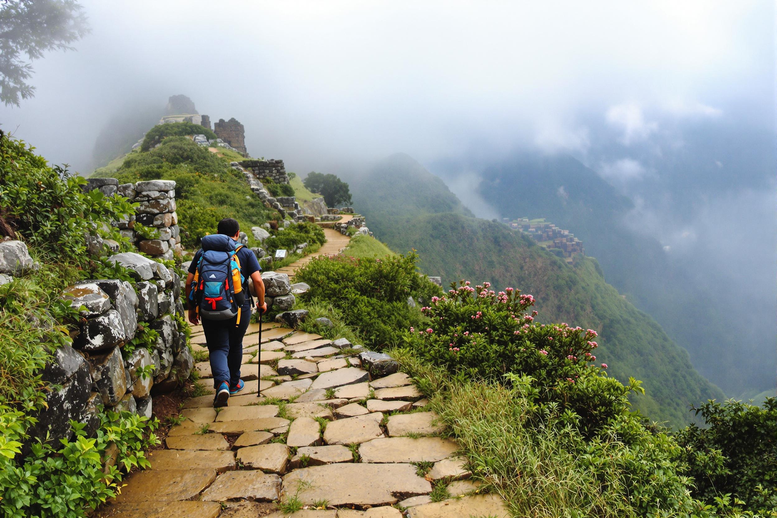 Hiker navigates a winding stone path on the Inca Trail, shrouded in ethereal mist. Lush Andean vegetation frames the trail, leading to a distant glimpse of Machu Picchu's iconic ruins perched on a mountain ridge.