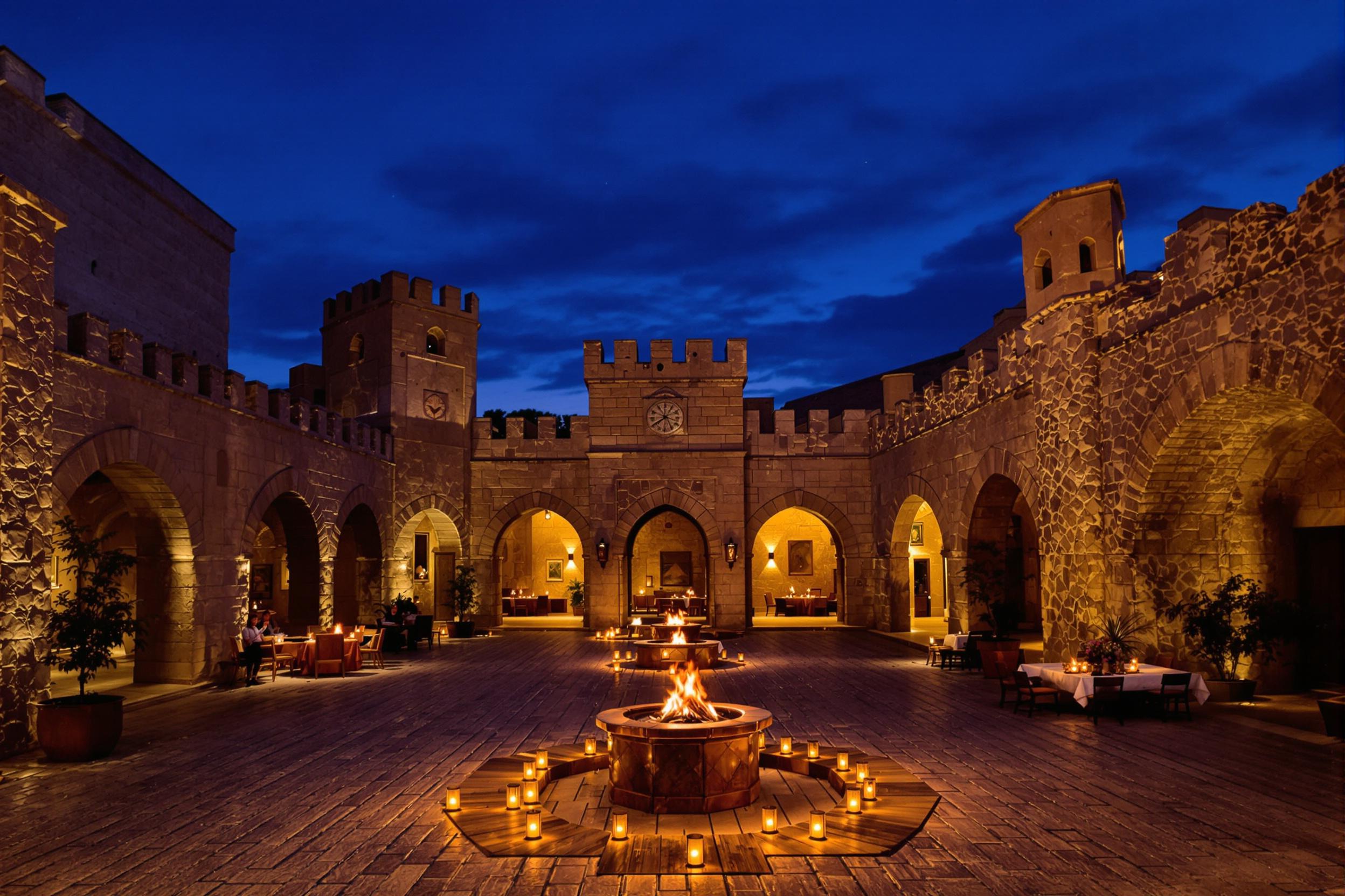 Discover the mystique of the Silk Road at an ancient caravanserai bathed in twilight's glow. Stone arches frame a courtyard where traders once gathered, now illuminated by warm lanterns against a deepening indigo sky.