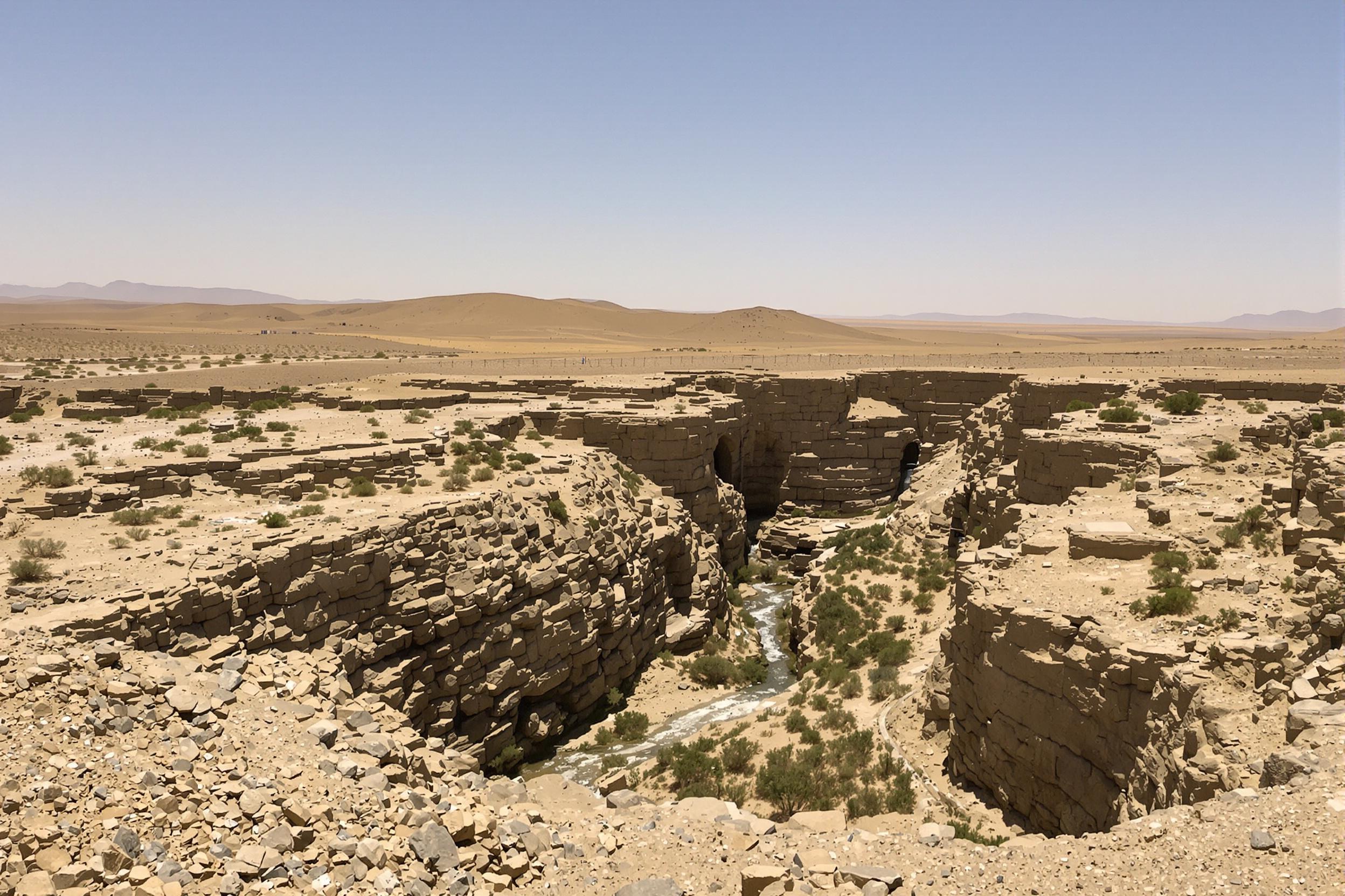 Discover the ingenuity of ancient Persian engineering with this captivating image of a qanat system in Iran's arid landscape. Witness how these underground aqueducts have sustained life in the desert for millennia, creating a lush oasis amidst the stark beauty of the surrounding terrain.