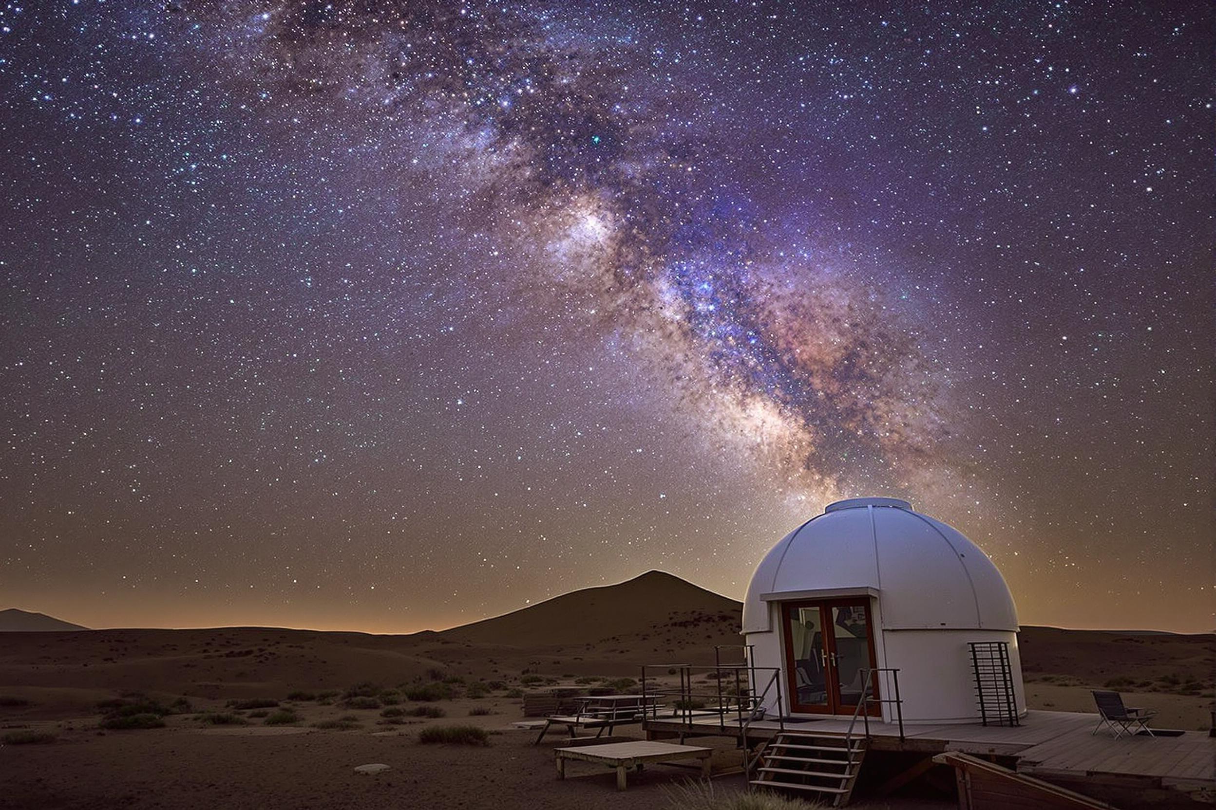 Immerse yourself in the celestial wonders of Chile's Atacama Desert. A cozy dome-shaped observatory sits beneath a dazzling night sky, offering an unparalleled stargazing experience in one of the world's darkest places.