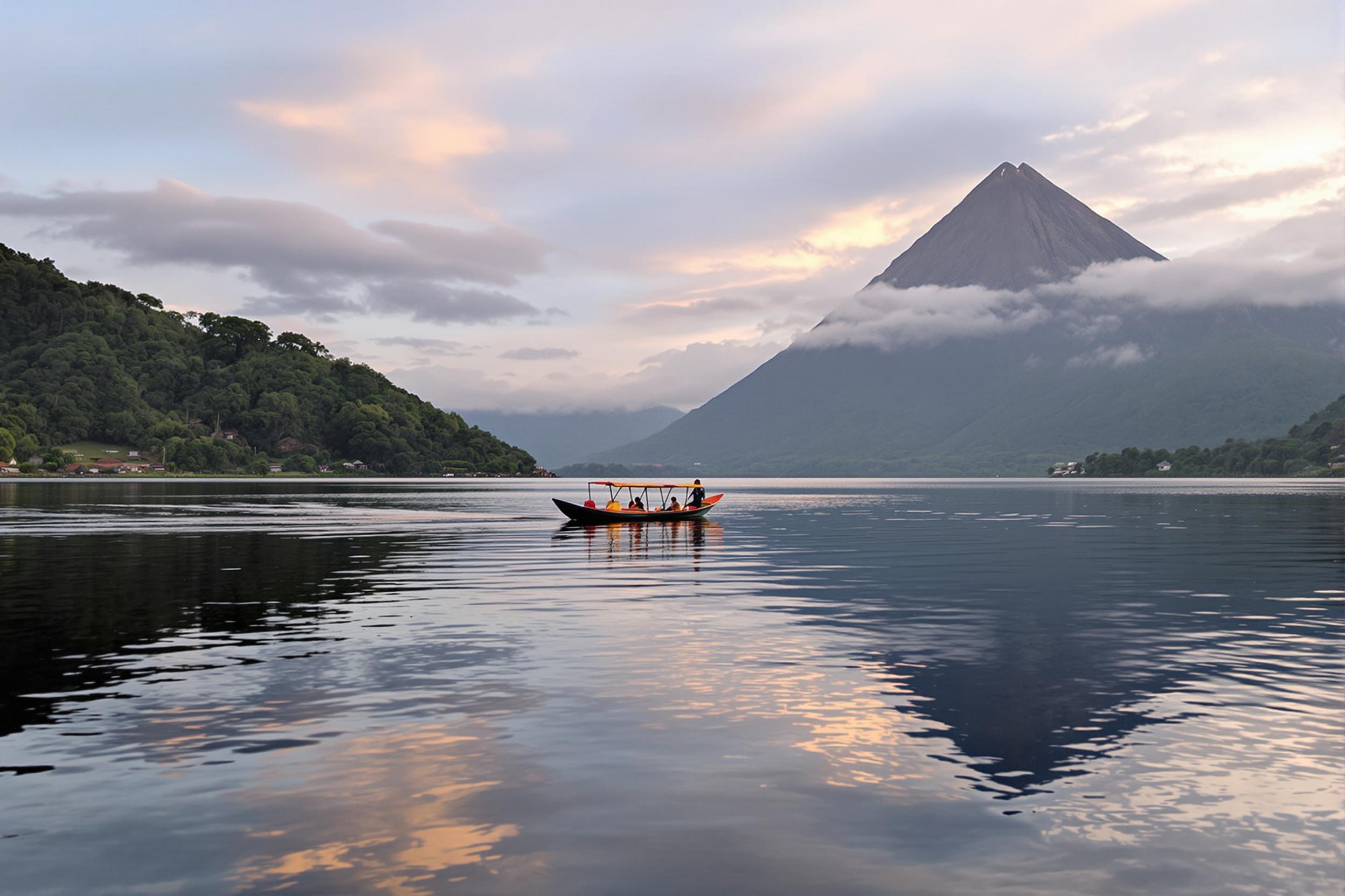 Experience the serene beauty of Lake Atitlán at dawn. A traditional Mayan fishing boat glides across mirror-like waters, framed by towering volcanoes. Misty clouds cling to lush hillsides as the first rays of sunlight paint the sky in soft pastel hues.