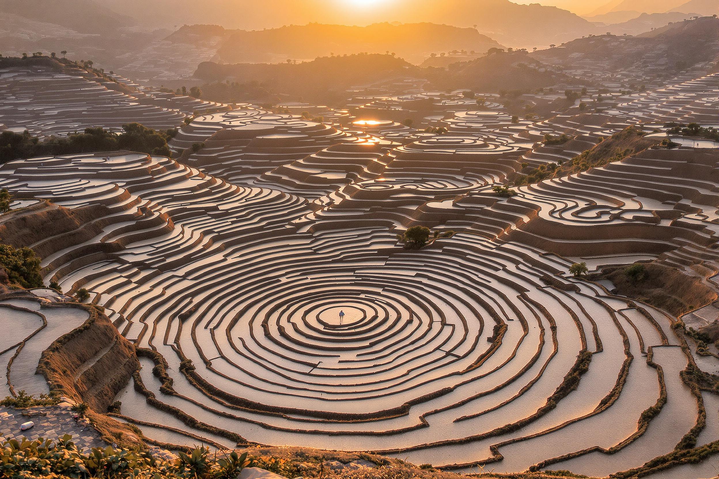 Discover the enigmatic Incan agricultural terraces of Moray, Peru, bathed in the warm glow of sunset. This aerial view showcases the intricate circular design, highlighting the ingenuity of ancient Incan engineering and agricultural practices.