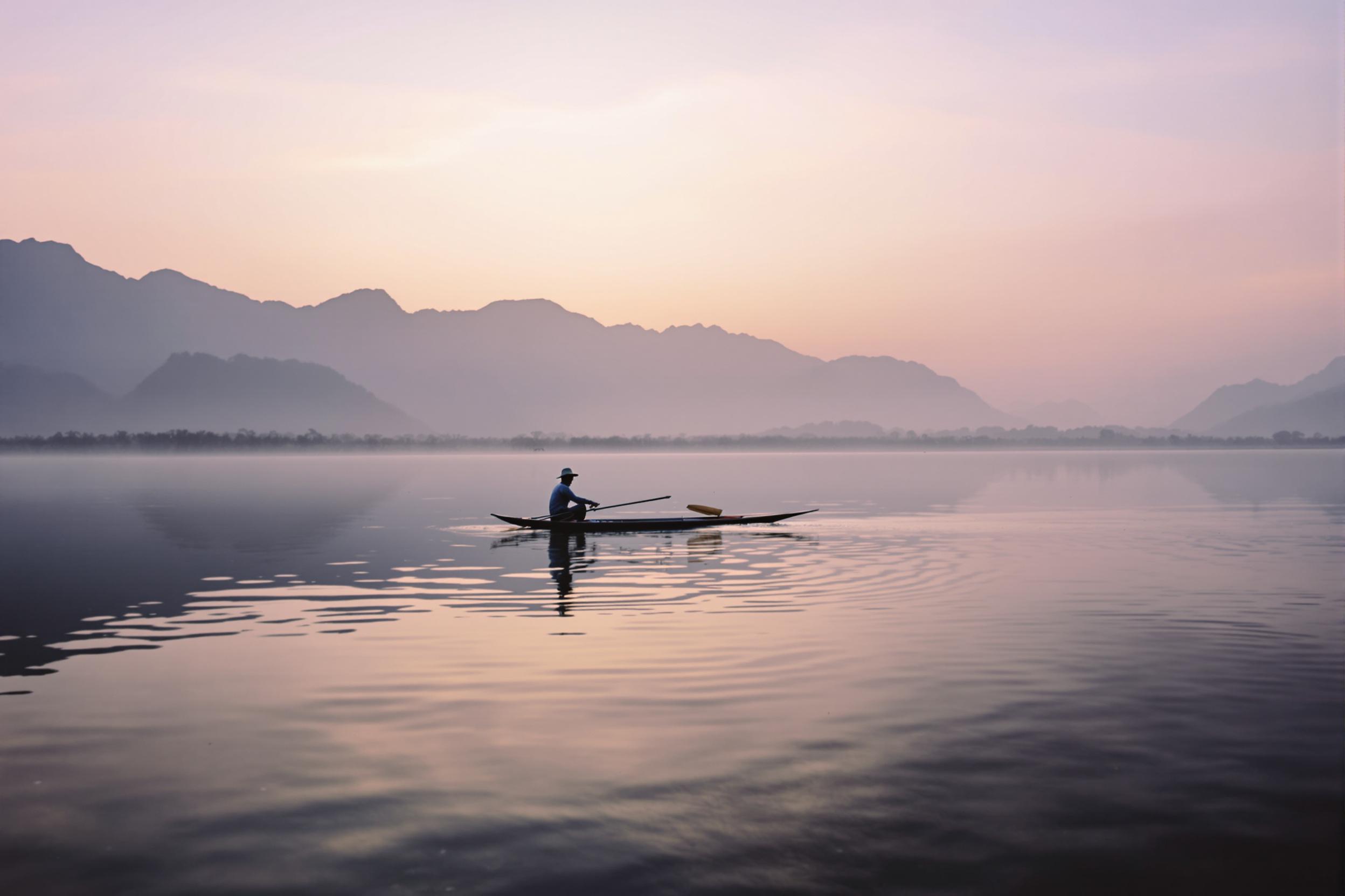 Experience the serene beauty of Inle Lake at dawn. A lone fisherman, silhouetted against the pastel sky, demonstrates the traditional one-legged rowing technique. Misty mountains frame the scene, creating a captivating tableau of Myanmar's cultural heritage and natural splendor.