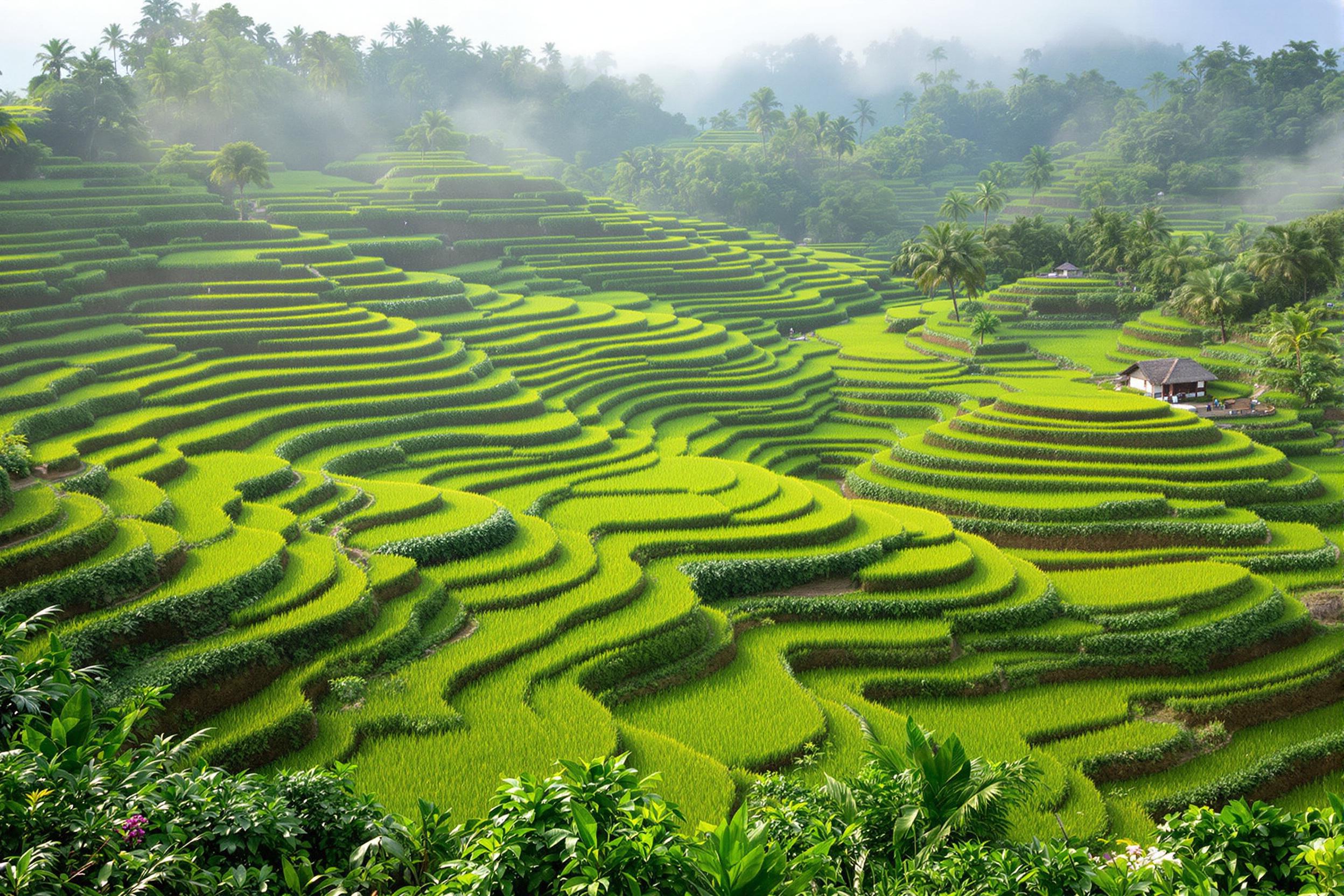 Lush, emerald-green Balinese rice terraces cascading down hillsides, with traditional thatched-roof huts nestled among palm trees. Misty morning light creates a tranquil, ethereal atmosphere in this tropical paradise.