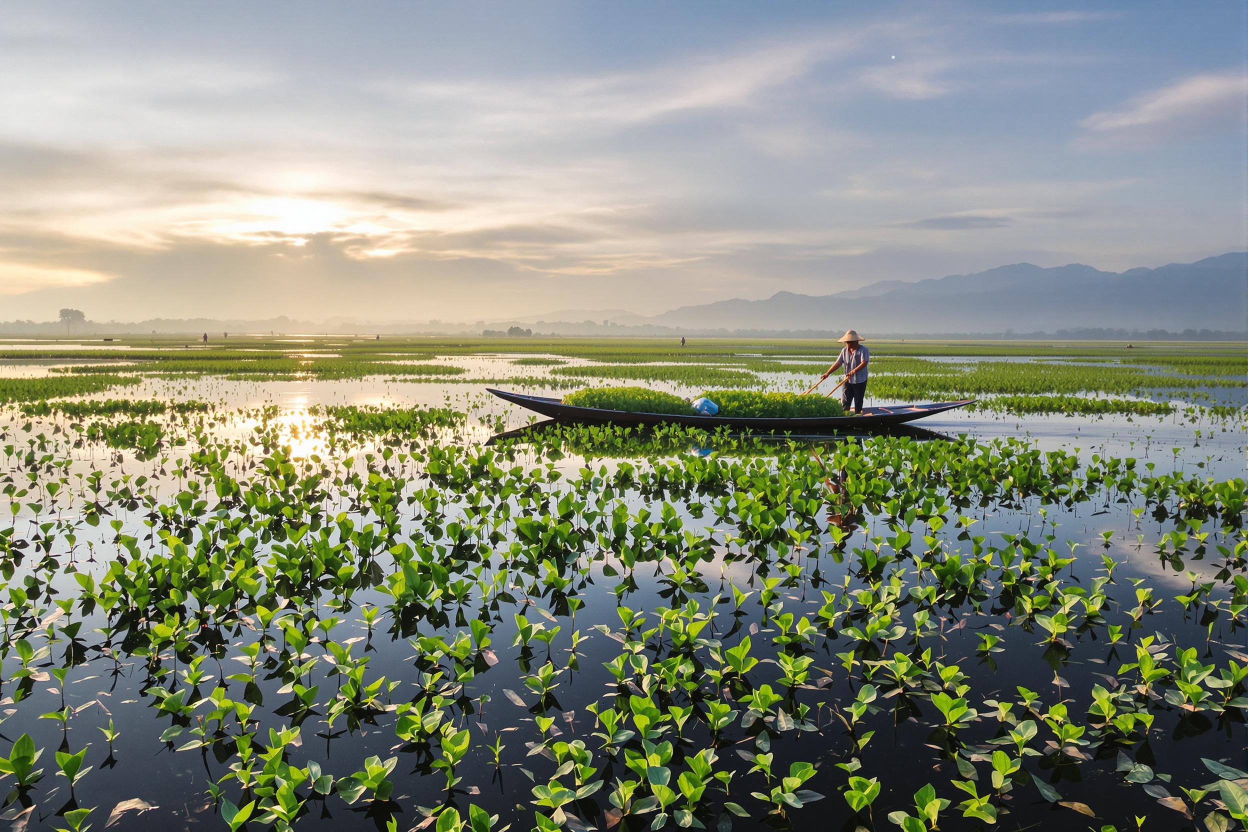 Experience the serene beauty of Myanmar's Inle Lake at dawn, where floating gardens create a patchwork of green amidst the misty waters. A local farmer tends to crops from a traditional wooden boat, showcasing the unique agricultural practices of this region.