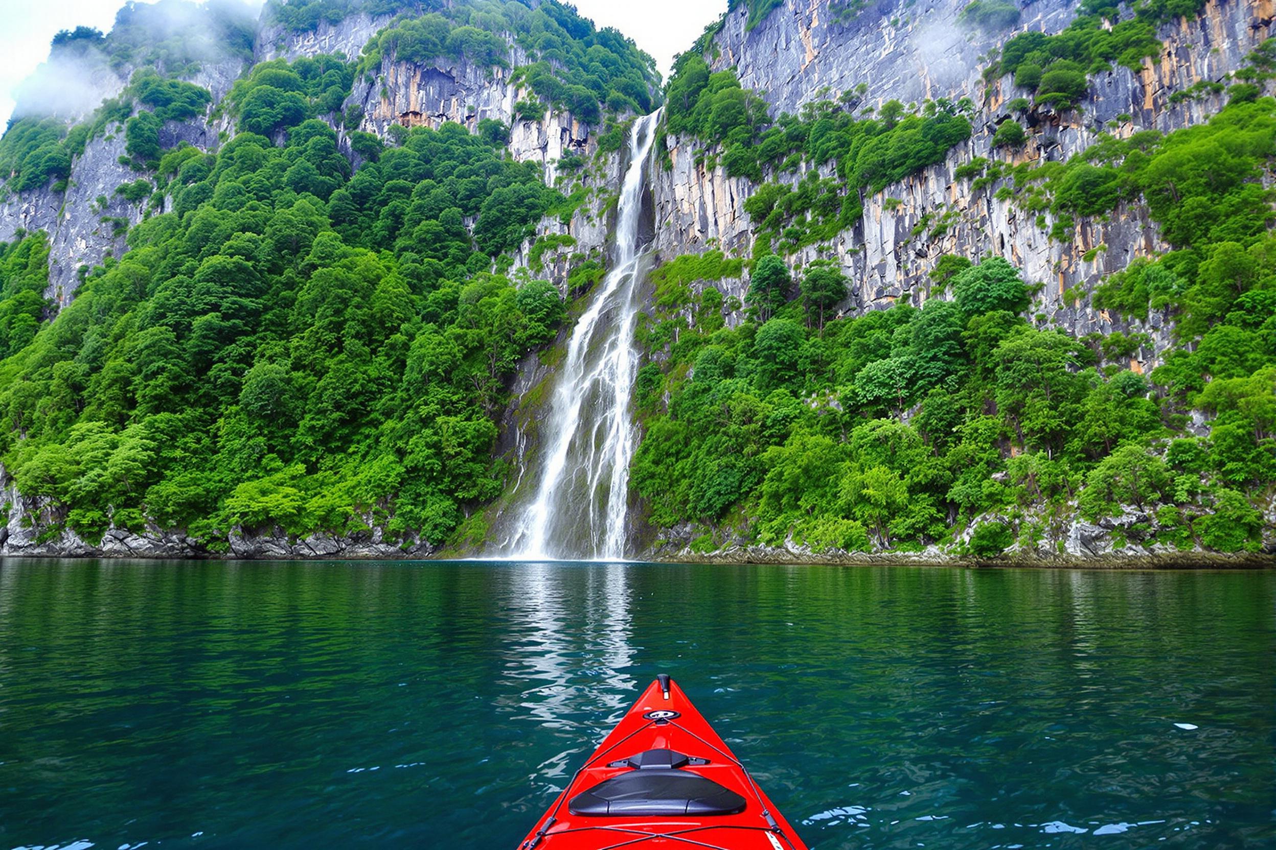 Experience the awe-inspiring beauty of Norway's fjords from a unique perspective. A vibrant red kayak glides through crystal-clear waters, dwarfed by towering cliffs draped in lush greenery. Misty waterfalls cascade down rocky facades, creating a serene yet dramatic landscape.