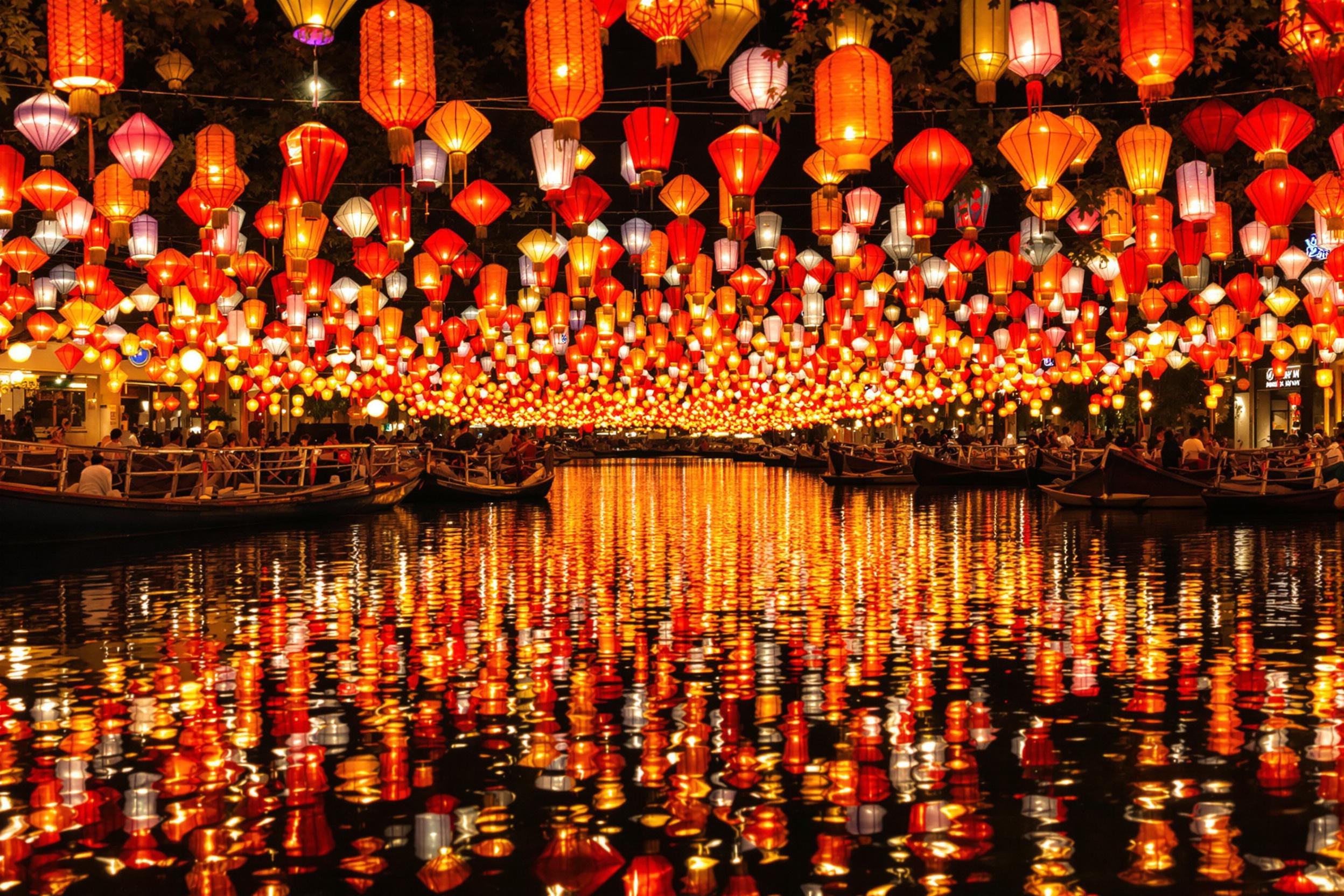 Experience the magical ambiance of Hoi An's lantern festival. Colorful paper lanterns illuminate the ancient town's waterways, creating a mesmerizing reflection on the calm river surface. This captivating scene showcases Vietnamese culture and tradition.