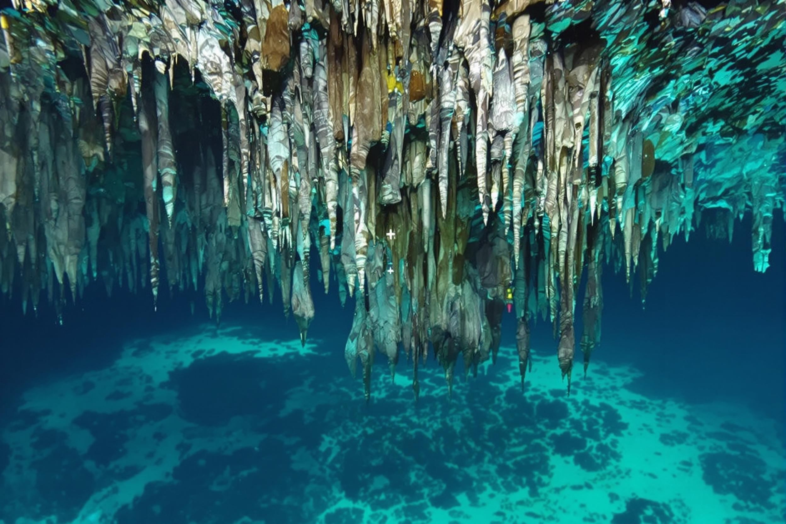 Dive into the mystical world of a hidden cenote in Mexico's Yucatan Peninsula. Crystal-clear turquoise waters reveal an otherworldly landscape of stalactites and submerged tree roots, creating a captivating underwater paradise for adventurous travelers and photographers alike.