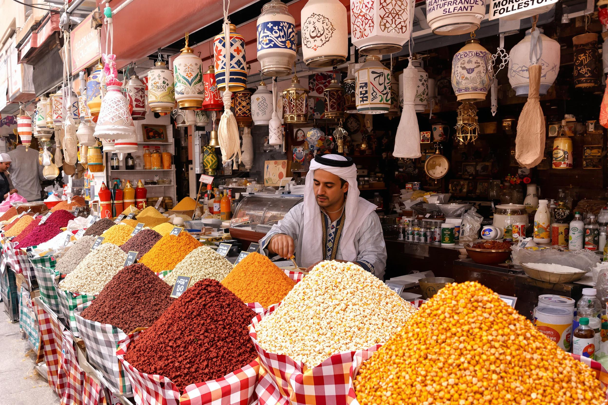 Immerse yourself in the sensory explosion of a traditional Moroccan spice market. Colorful mounds of exotic spices create a mesmerizing tapestry, while the aromatic scents of cumin, saffron, and cinnamon fill the air. A local vendor in traditional attire tends to his stall, engaging with curious travelers.