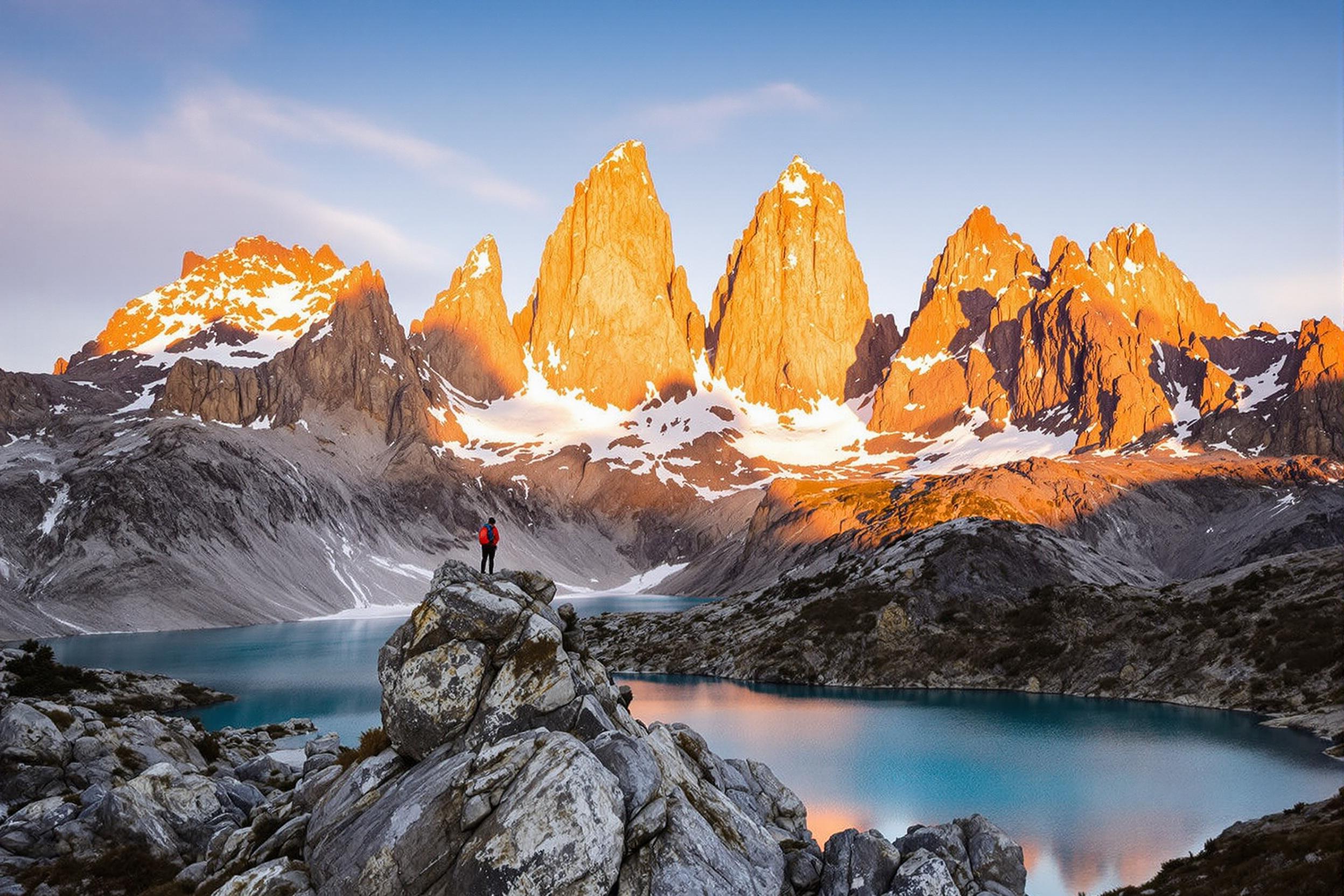 Experience the awe-inspiring beauty of Torres del Paine National Park at dawn. A lone hiker stands atop a rocky outcrop, silhouetted against the iconic granite peaks as they're bathed in the warm golden light of sunrise. Pristine glacial lakes reflect the dramatic landscape, creating a breathtaking scene of untamed wilderness.