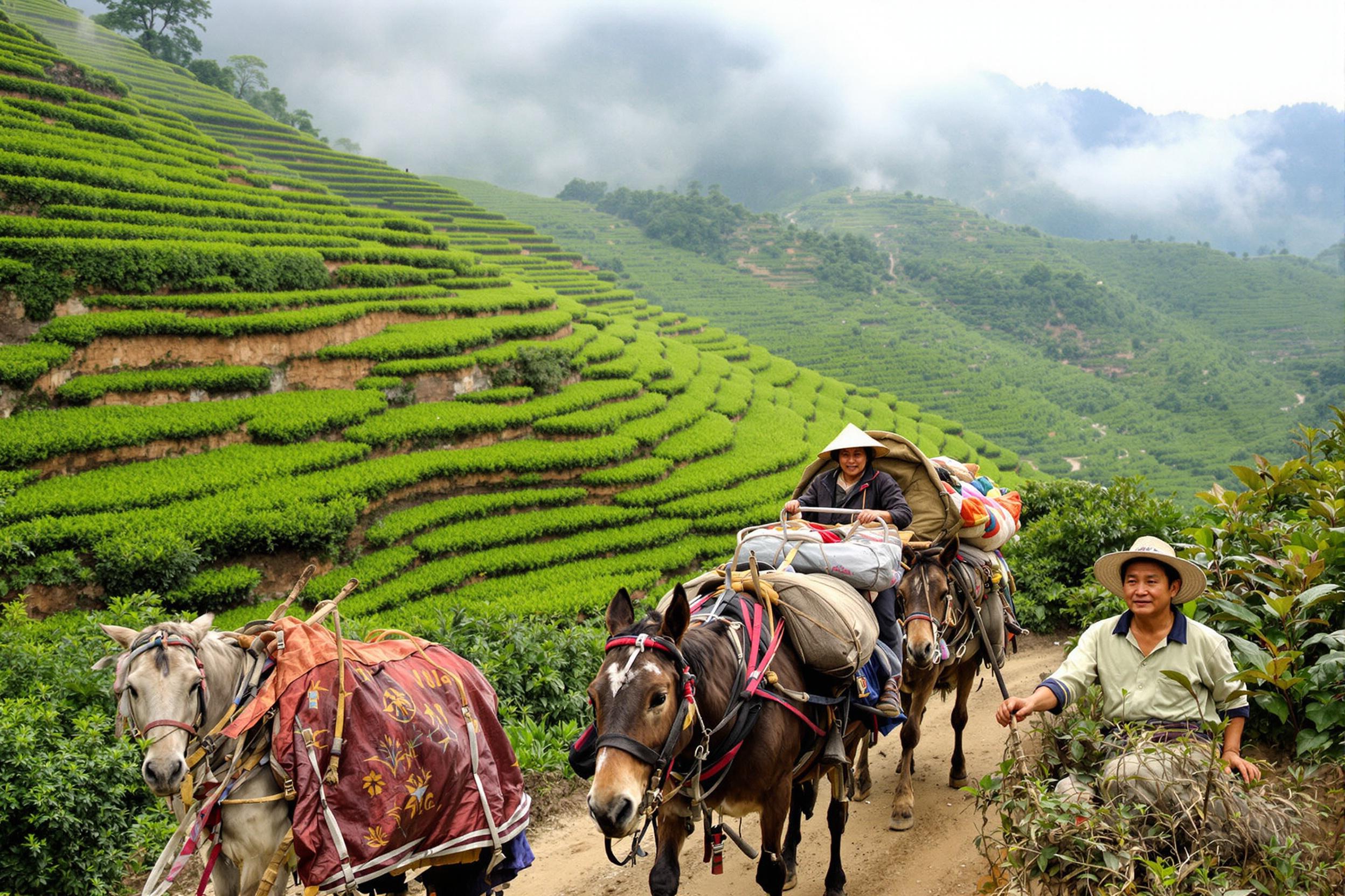 Experience the historic Tea Horse Road in Yunnan, China. A mule caravan winds through misty mountains, carrying precious tea leaves. Weathered faces of local traders contrast with lush, terraced hillsides, showcasing a timeless cultural exchange.