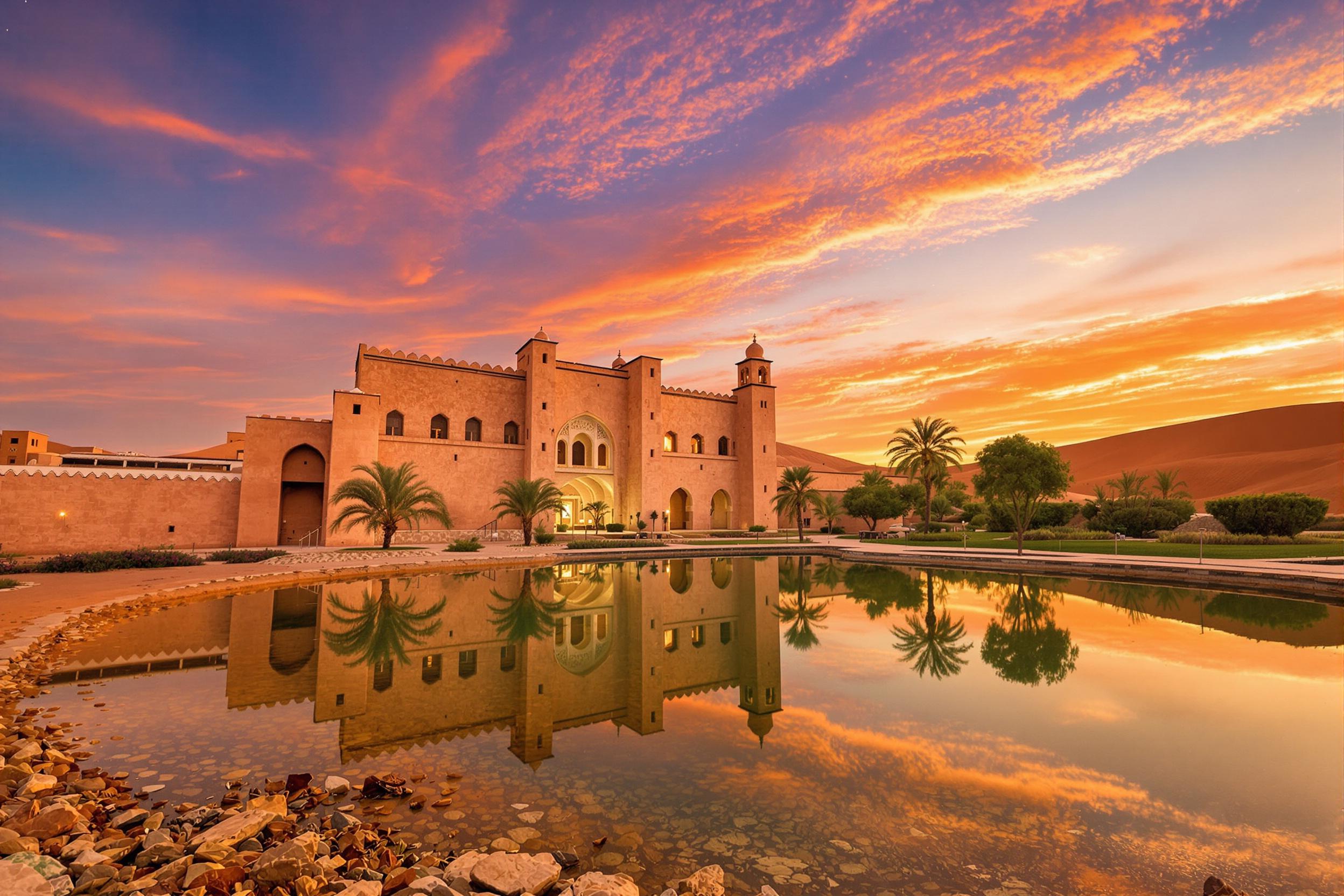 Discover the enchanting beauty of a centuries-old Moroccan kasbah mirrored in a shimmering desert oasis. This captivating image showcases the timeless allure of Saharan architecture against the backdrop of golden sand dunes and a vibrant sunset sky.