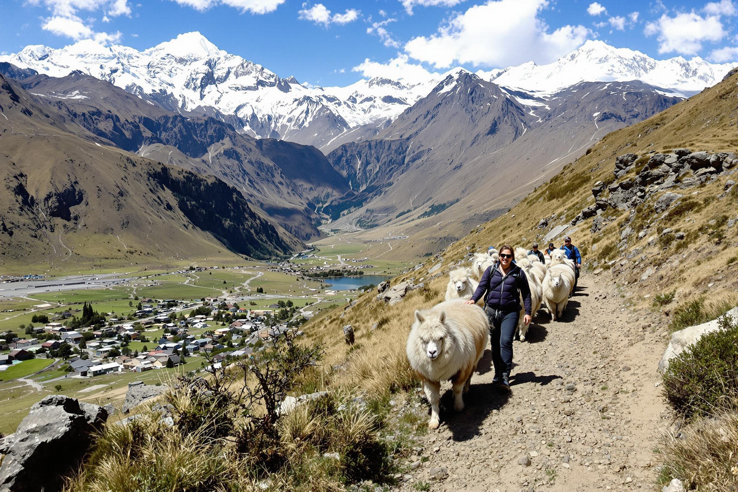 Embark on a llama trekking adventure through the majestic Andes Mountains of Peru. A traveler leads a pack of woolly companions along a winding mountain trail, surrounded by breathtaking vistas of snow-capped peaks and lush valleys.