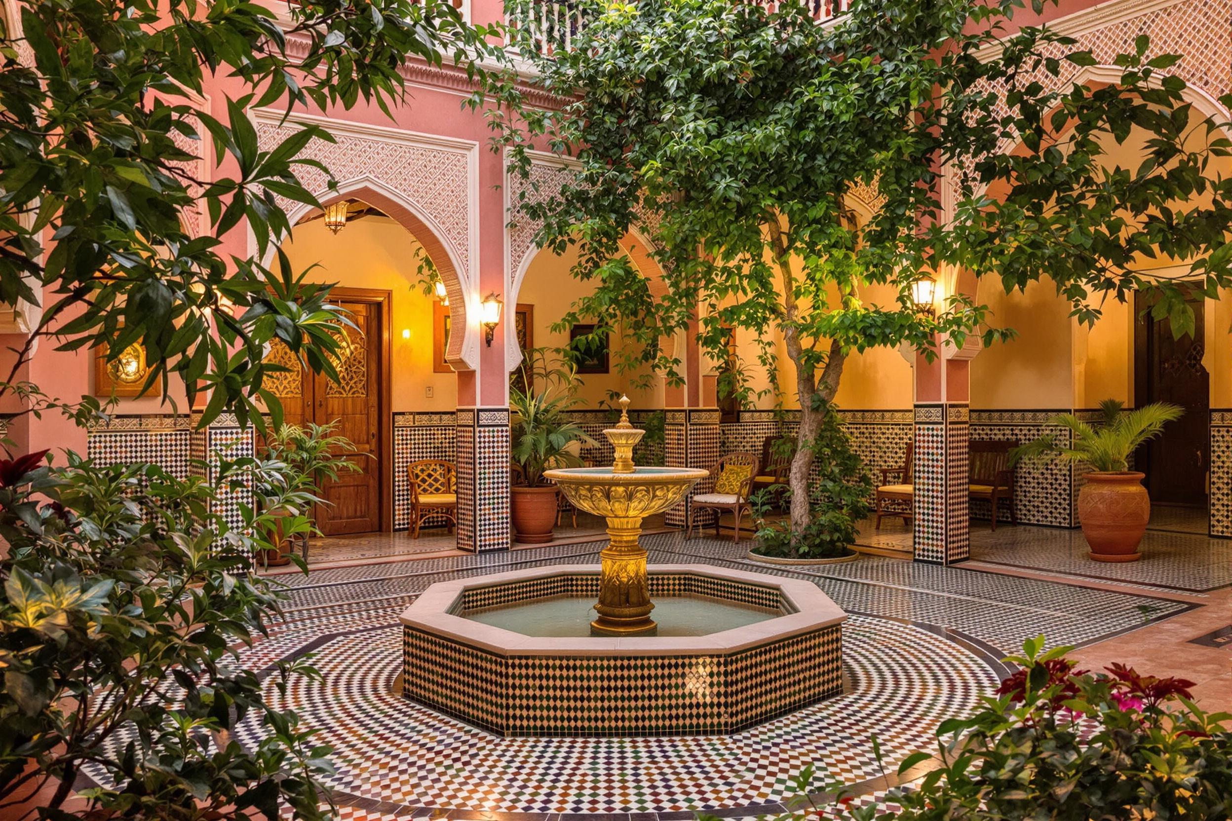 Discover the hidden beauty of a traditional Moroccan riad courtyard at twilight. Intricate tilework, lush plants, and a central fountain create a serene oasis in the heart of Marrakech. Soft lantern light illuminates the space, casting warm shadows on ornate archways.