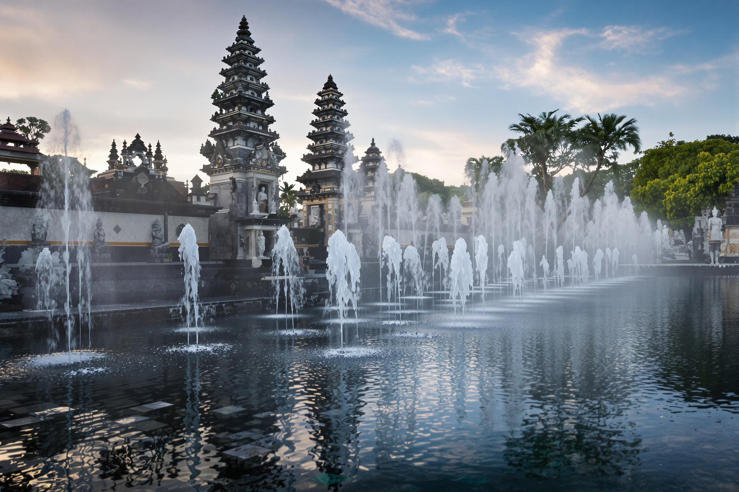 Experience the serene beauty of Bali's Tirta Gangga Water Palace at dawn. Mist-shrouded stone statues and ornate fountains reflect in still pools, creating a mystical atmosphere in this royal water garden.