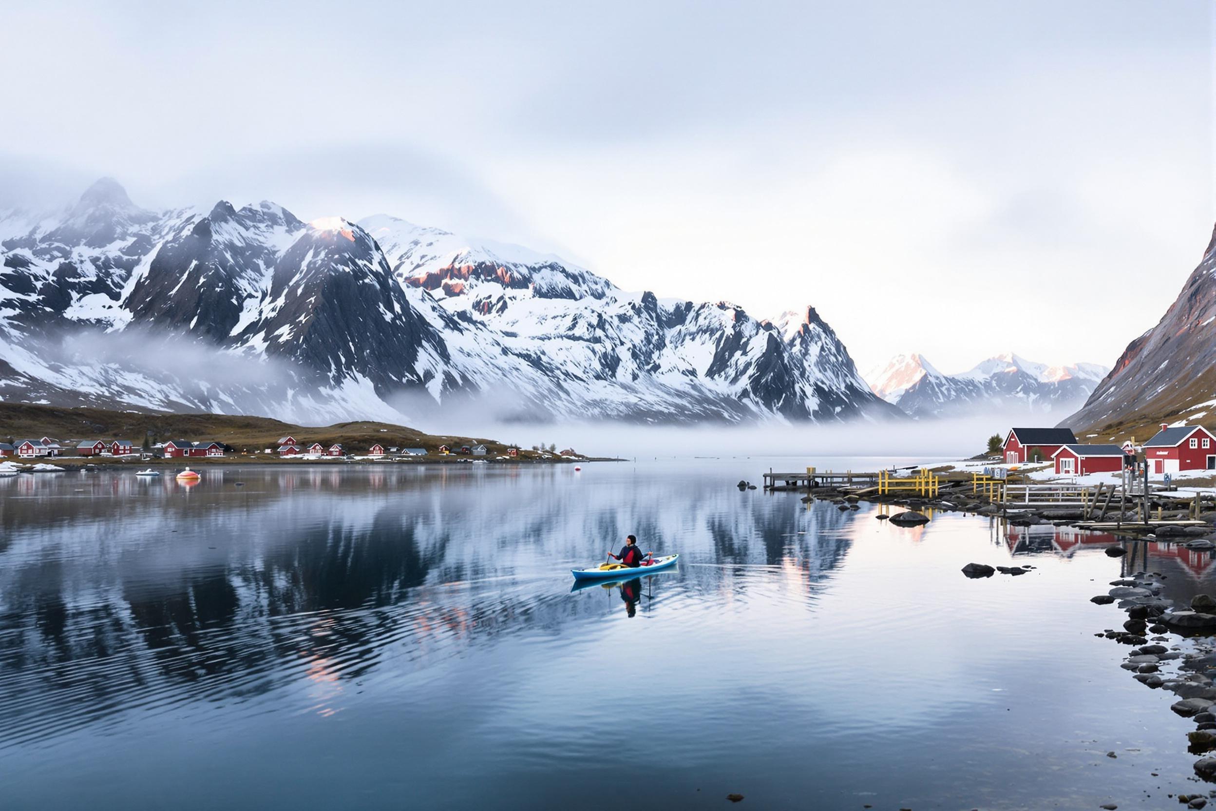 Experience the serene beauty of Norway's Lofoten Islands at dawn. A lone kayaker glides through mirror-like waters, surrounded by towering fjords and quaint red fishing cabins. Capture the interplay of soft morning light and mist in this Arctic paradise.