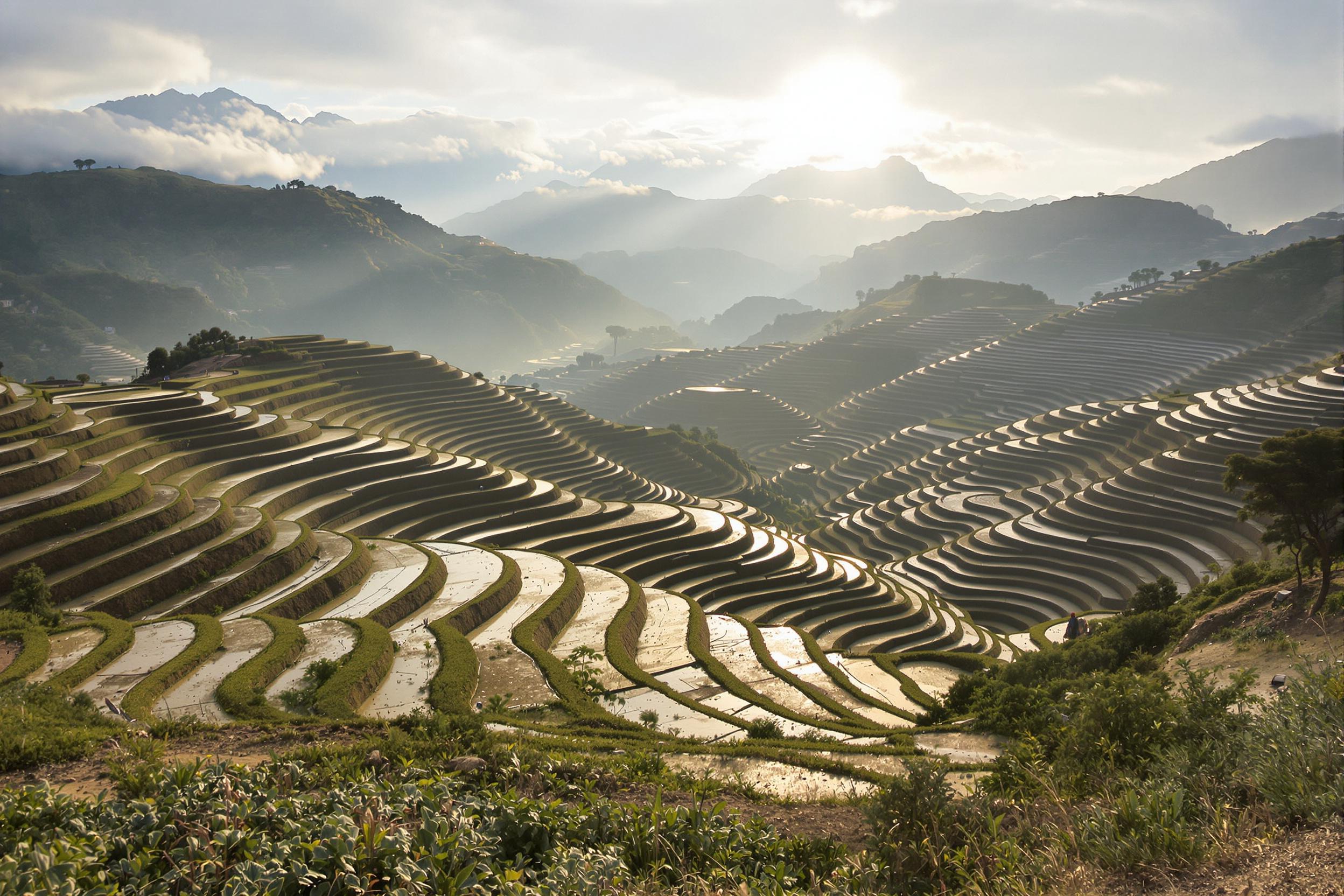 Discover the awe-inspiring Incan agricultural terraces of Moray, Peru, bathed in the soft light of dawn. Concentric circular depressions showcase ingenious ancient farming techniques against a backdrop of misty Andean peaks, creating a captivating scene of historical wonder and natural beauty.