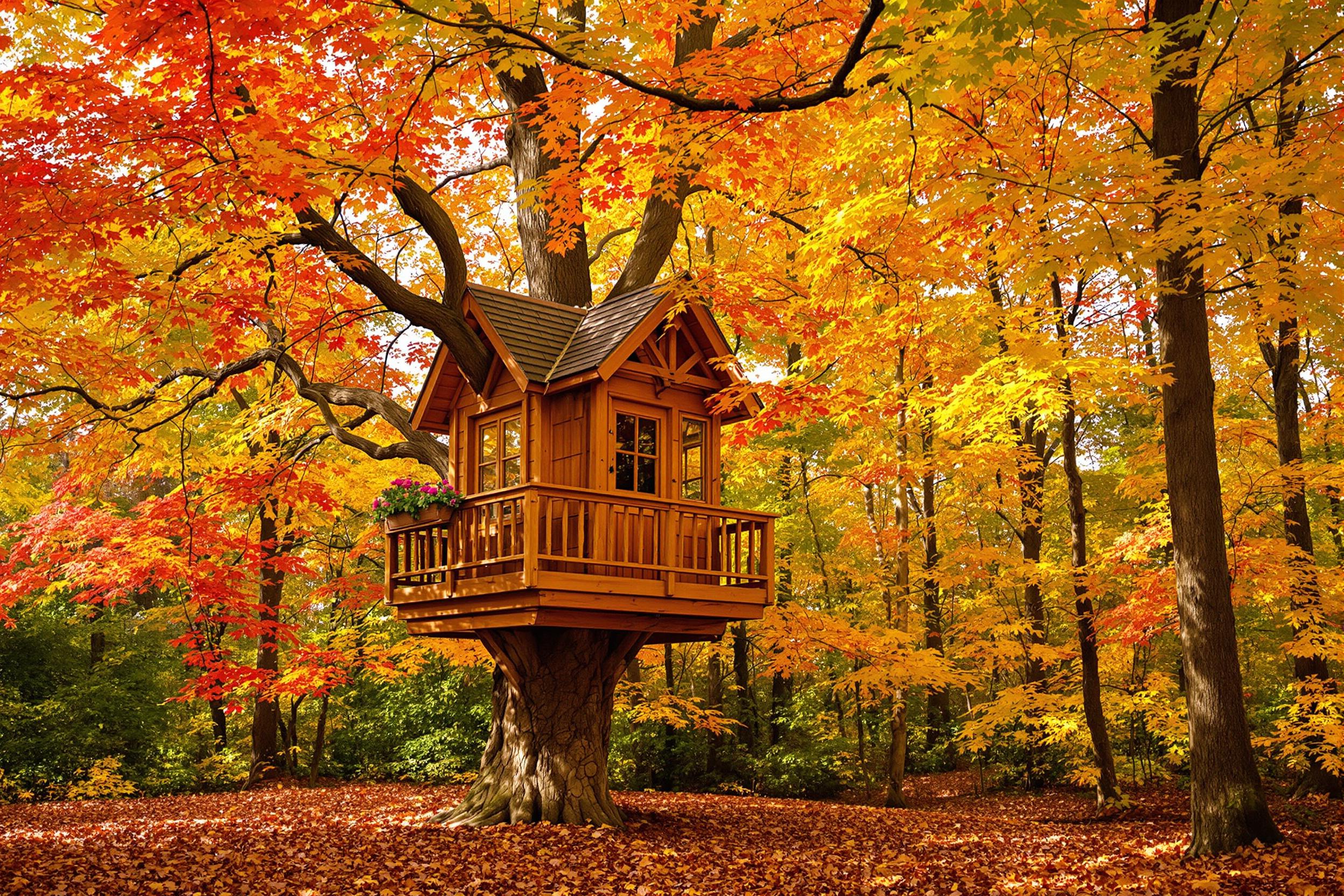 A charming treehouse perches within a vibrant forest, enveloped by stunning autumn foliage. Its wooden structure showcases intricate craftsmanship, complete with a small balcony adorned with potted flowers. Soft, warm sunlight filters through colorful leaves, dripping golden hues over the scene. Fallen leaves carpet the ground, enhancing the whimsical atmosphere of this woodland retreat.