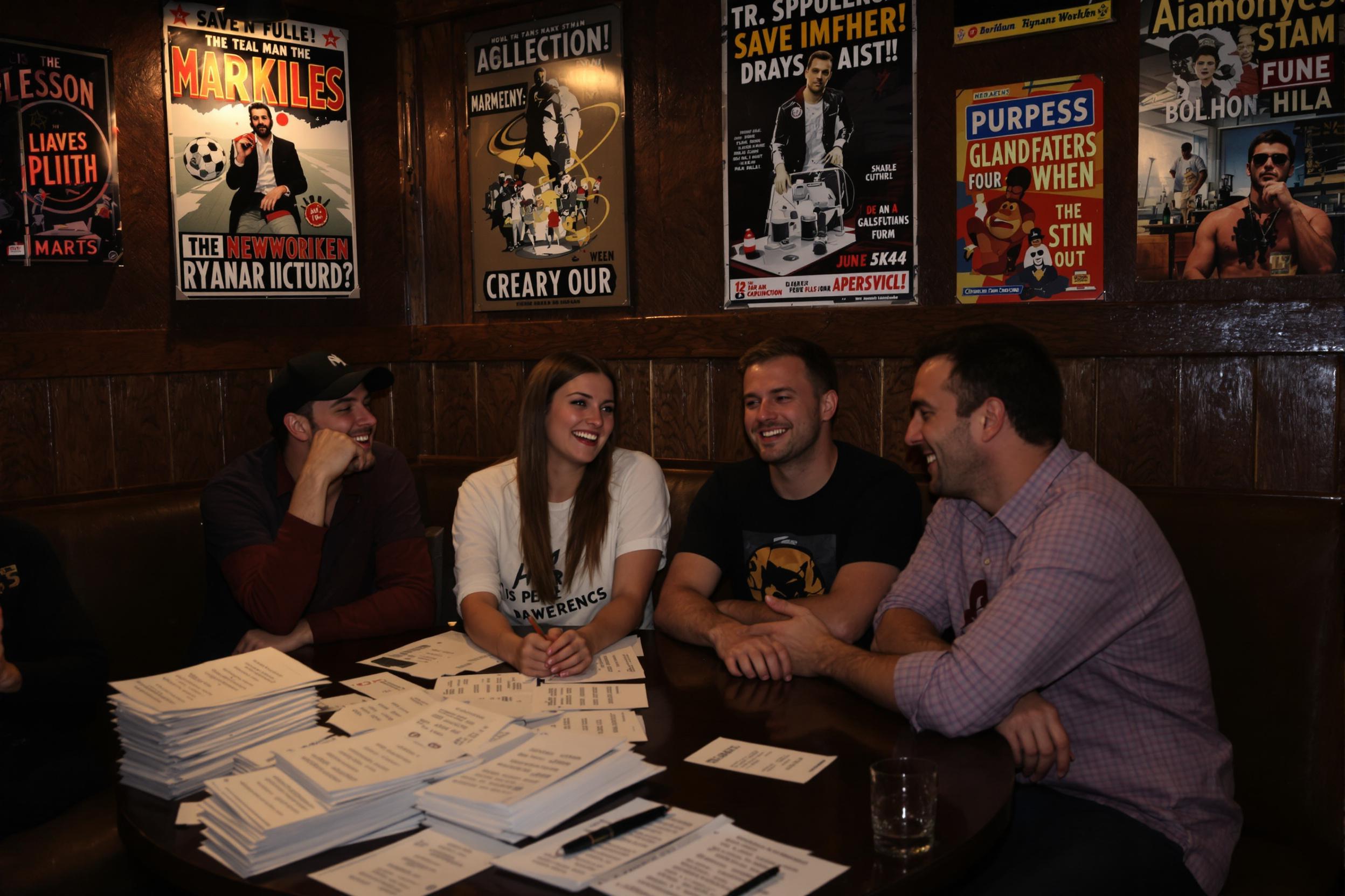 In a cozy bar filled with wooden accents, a lively trivia night unfolds. A group of four friends huddles around a table, laughing heartily as they share answers. Warm ambient lighting creates an inviting atmosphere, illuminating their animated expressions and the stacks of answer sheets scattered across the table. Vintage posters adorn the walls, setting a relaxed vibe.