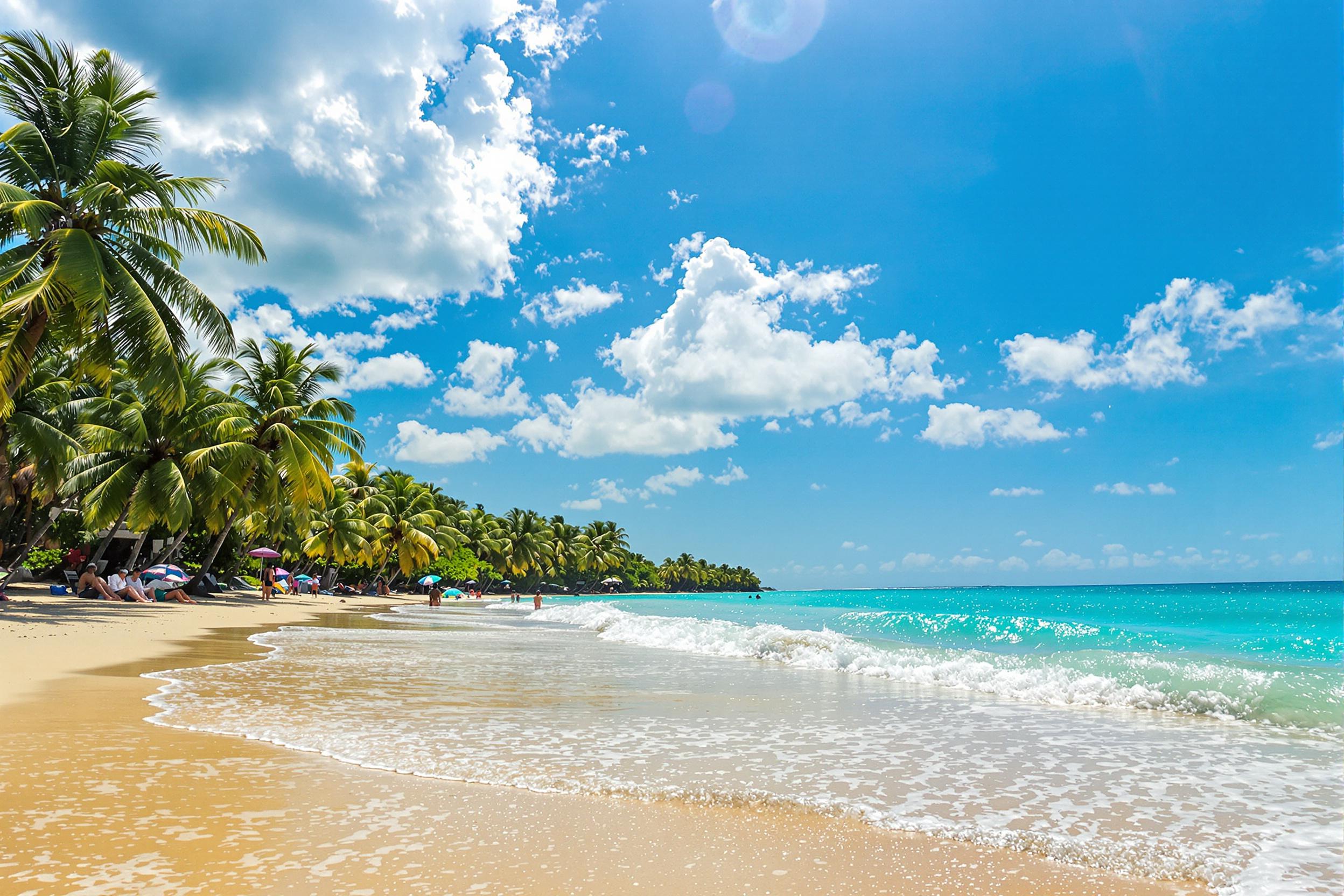 A vibrant tropical beach unfolds under a brilliant midday sun, where golden sand meets crystal-clear turquoise water. Palm trees line the shore, their lush green fronds swaying gently in the breeze. Small waves lap against the beach, glistening in the sunlight, while occasional beachgoers can be seen enjoying the picturesque setting. Fluffy white clouds drift lazily across the blue sky, enhancing the serene coastal atmosphere.