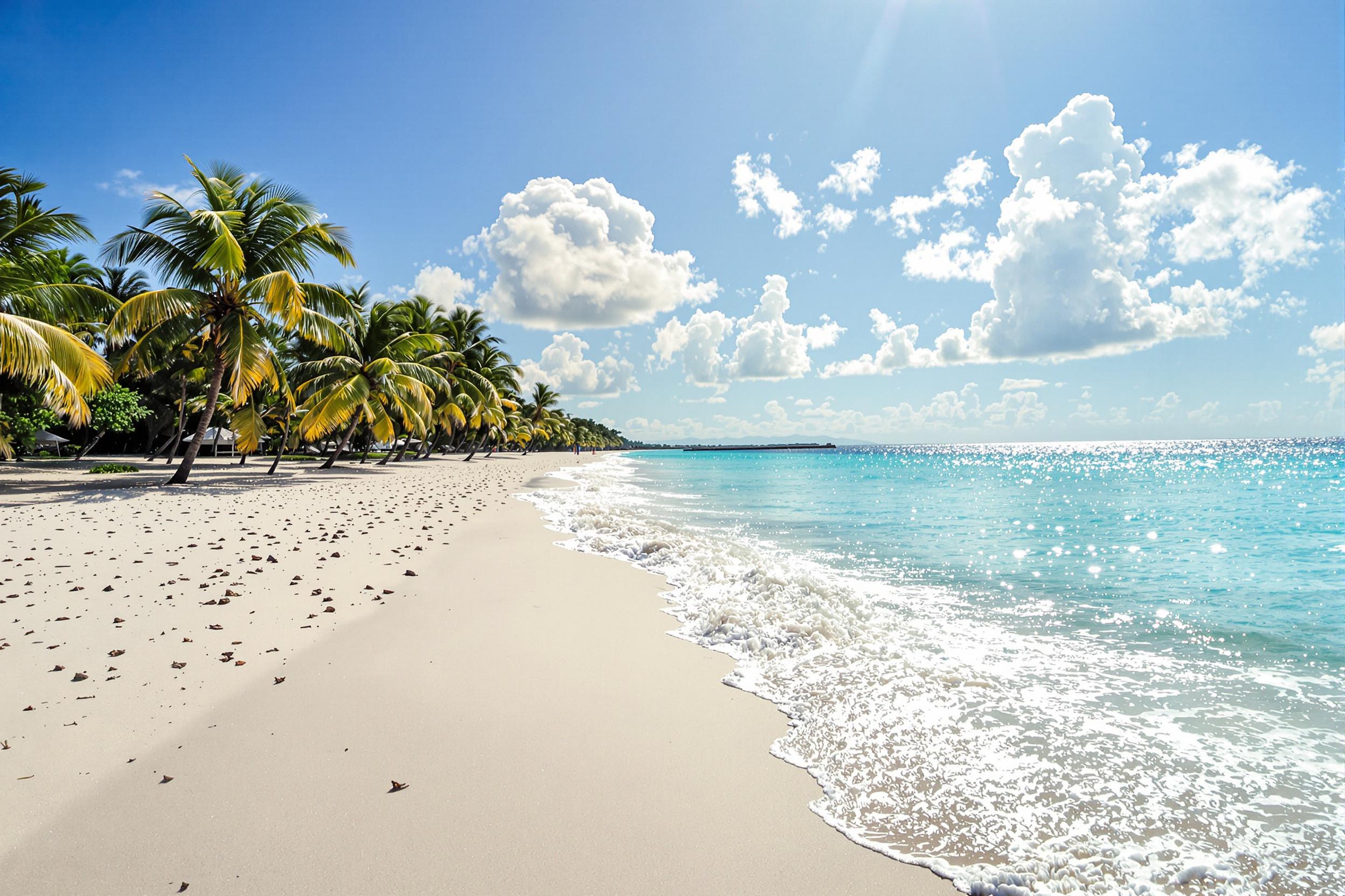 A picturesque beach features powdery white sands stretching along the shore, gently lapped by crystal-clear turquoise waves. Lush palm trees frame the scene, swaying slightly in the warm breeze under a bright blue sky with a few fluffy white clouds. Sunlight glistens on the water's surface, creating sparkling reflections that invite relaxation and peace.