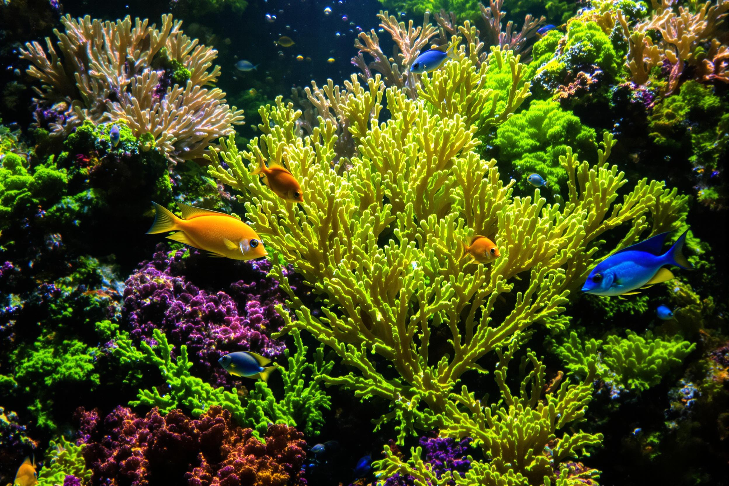 A vivid underwater scene showcases tropical fish darting between brightly colored corals in an illuminated aquarium tank. Glow-in-the-dark hues of blues, oranges, and yellows pop against softer green algae clusters. Diffused light filters downwards, creating beams that highlight floating particles, giving the impression of ocean depth and vibrancy.