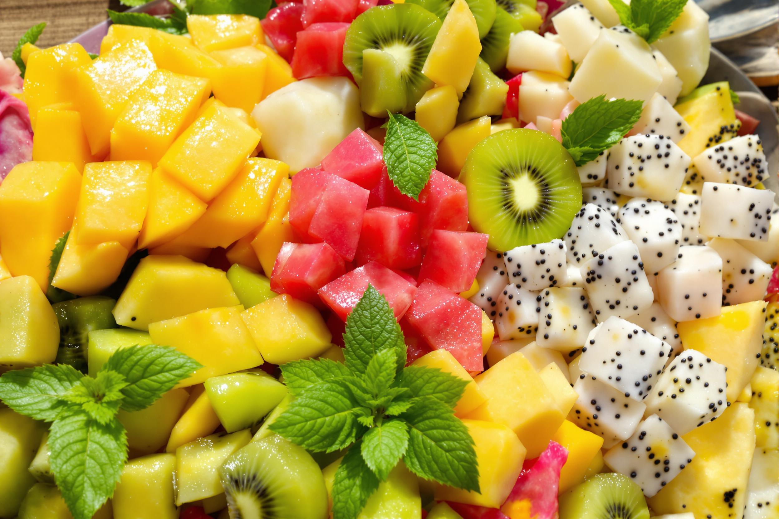 A vibrant tropical fruit platter displays an enticing arrangement of fresh-cut mango, pineapple, kiwi, and dragon fruit, all glistening under bright midday sunlight. The rich colors of yellow, green, pink, and white pop against a textured wooden table background. Juicy droplets cling to the surfaces, adding freshness, while mint leaves provide a final touch of greenery.