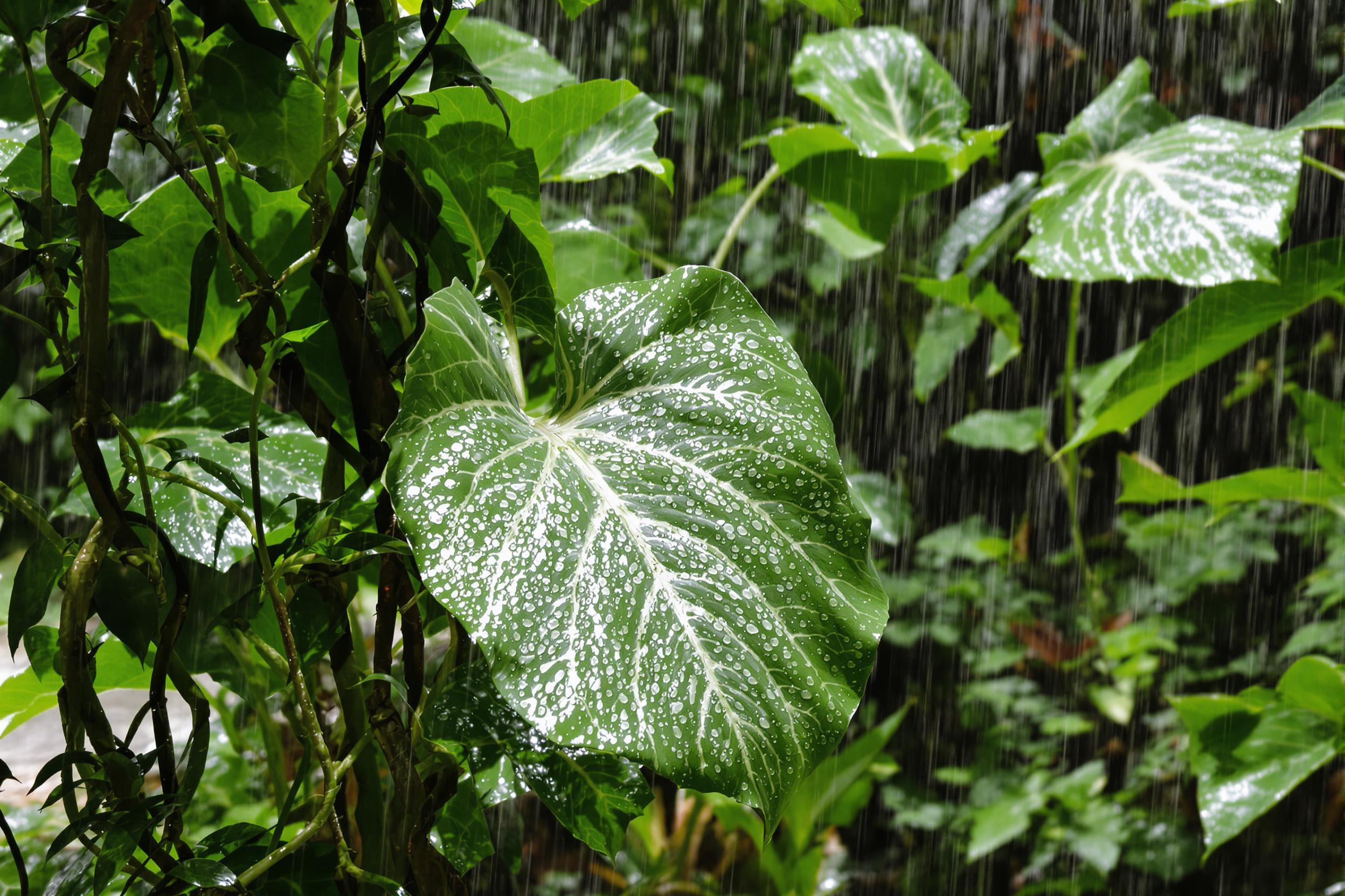 Tropical plants in a lush, rain-drenched garden sparkle under filtered daylight. Large, glossy leaves present intricate water droplet patterns while trailing vines frame the blurred background. The interplay of green hues and silvery rain reflections exudes freshness and vibrancy, creating an organic, tranquil setting.