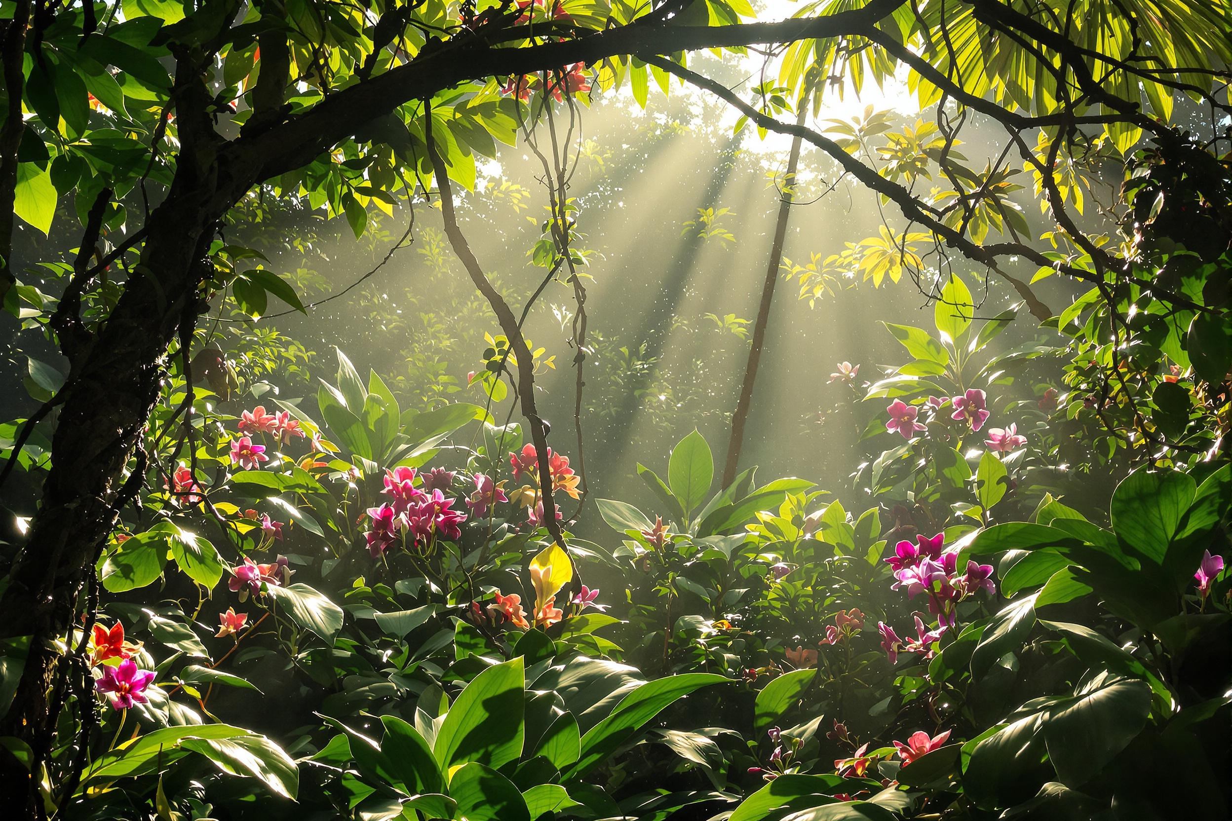 Sunlight filters through dense foliage in a lush tropical jungle where dew glimmers faintly. Vivid orchids, ranging from red to fuchsia, bloom amid emerald leaves gently veiled by humid mist. Various woody vines arch over, framing the scene and creating an intimate depth-rich tapestry of nature's vibrant artistry.