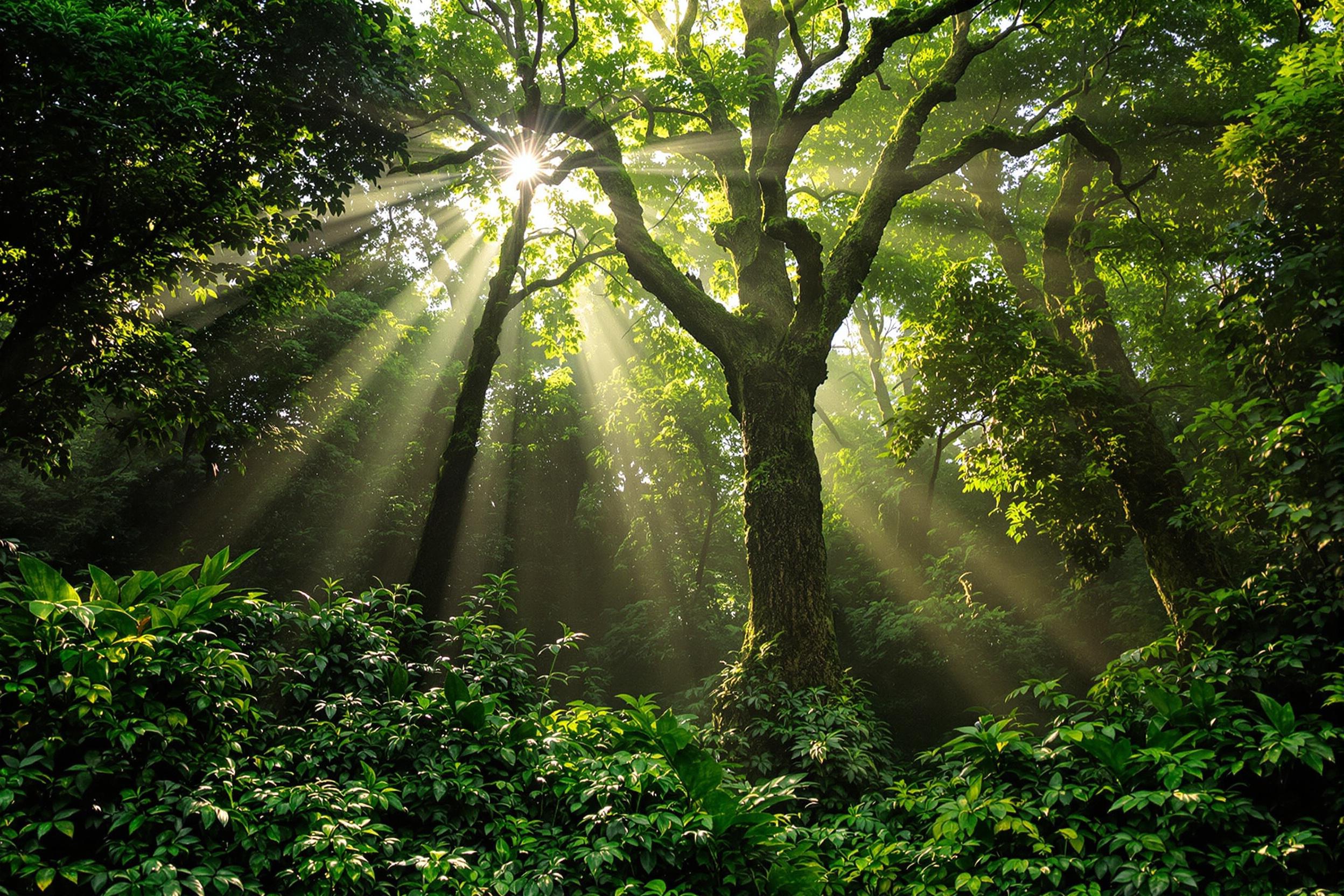 Mystical beams of sunlight pierce the lush canopy of a dense tropical jungle at dawn. Vivid green foliage drenched in morning dew surrounds towering trees, their rough textures catching the warm, diffused light. Thick undergrowth covers the forest floor, creating intricate layers and depth within this untouched natural paradise.