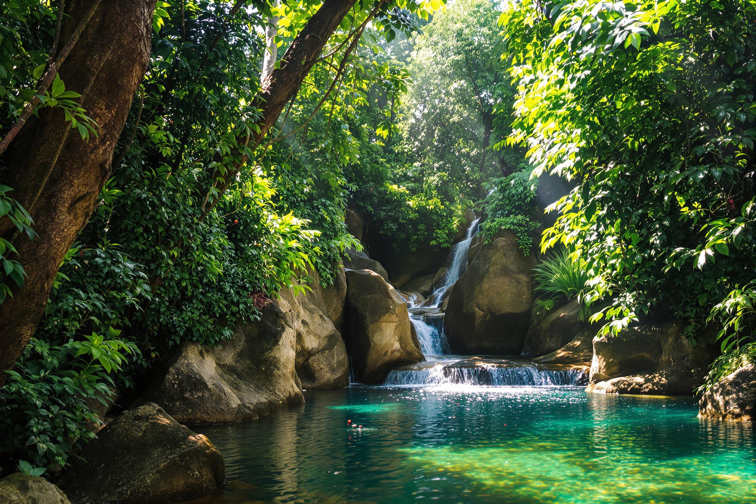 A vibrant tropical rainforest bursts with life as sunlight filters through the thick canopy overhead. Towering trees draped with vines create a lush backdrop for cascading water that tumbles down smooth rocks into a crystal-clear pool below. Colorful birds flit among the leaves, while rich greens and earthy browns dominate the landscape, evoking a sense of tranquility and abundance.