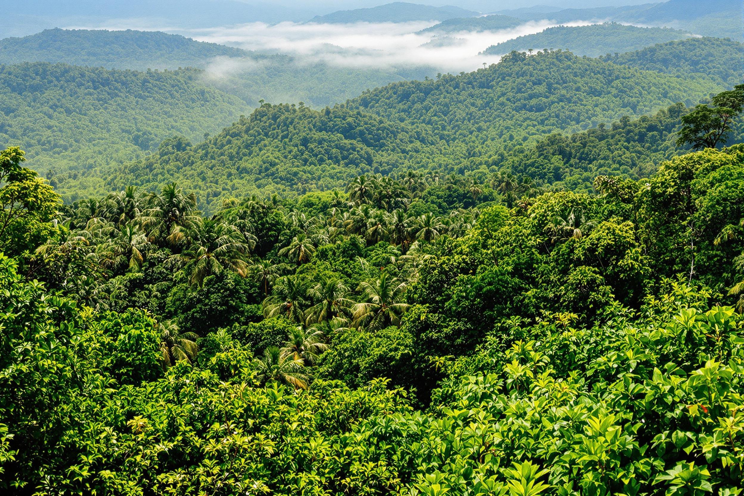 An expansive tropical rainforest stretches beneath an elevated viewpoint under bright diffuse daylight. Dense greenery showcases intertwined canopies, towering palms, and shimmering foliage. Mist rises subtly from the depths, softening distant layers of trees while faint bird calls evoke life amidst vibrant jungle hues.