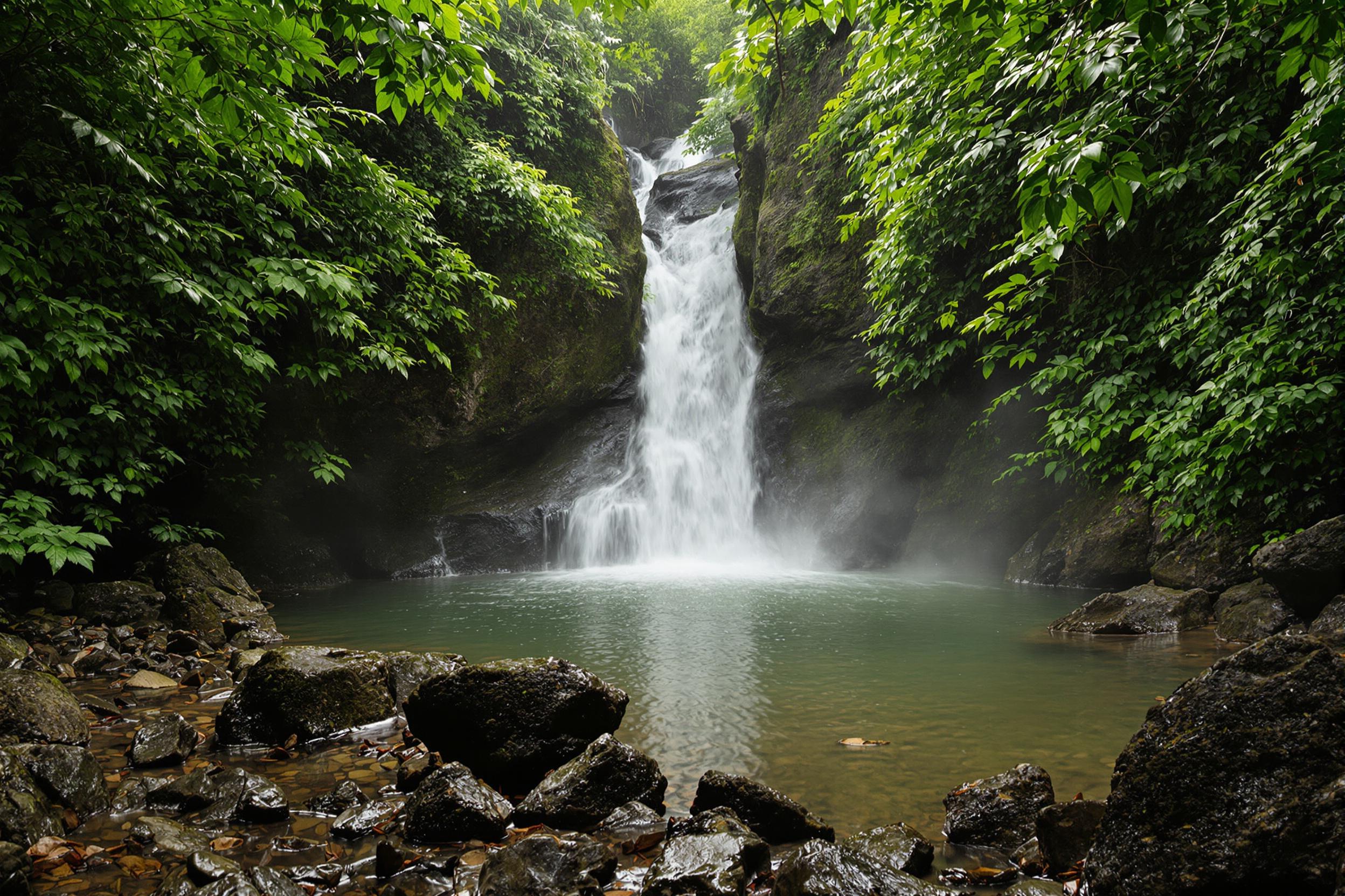 Inside an untouched tropical rainforest, a hidden waterfall cascades into a serene pool below. Surrounding lush green foliage glistens under faint light, while damp rocks create layers in the foreground. Fine mist rises from the tumbling water, adding depth and mystique to the dense jungle scene.