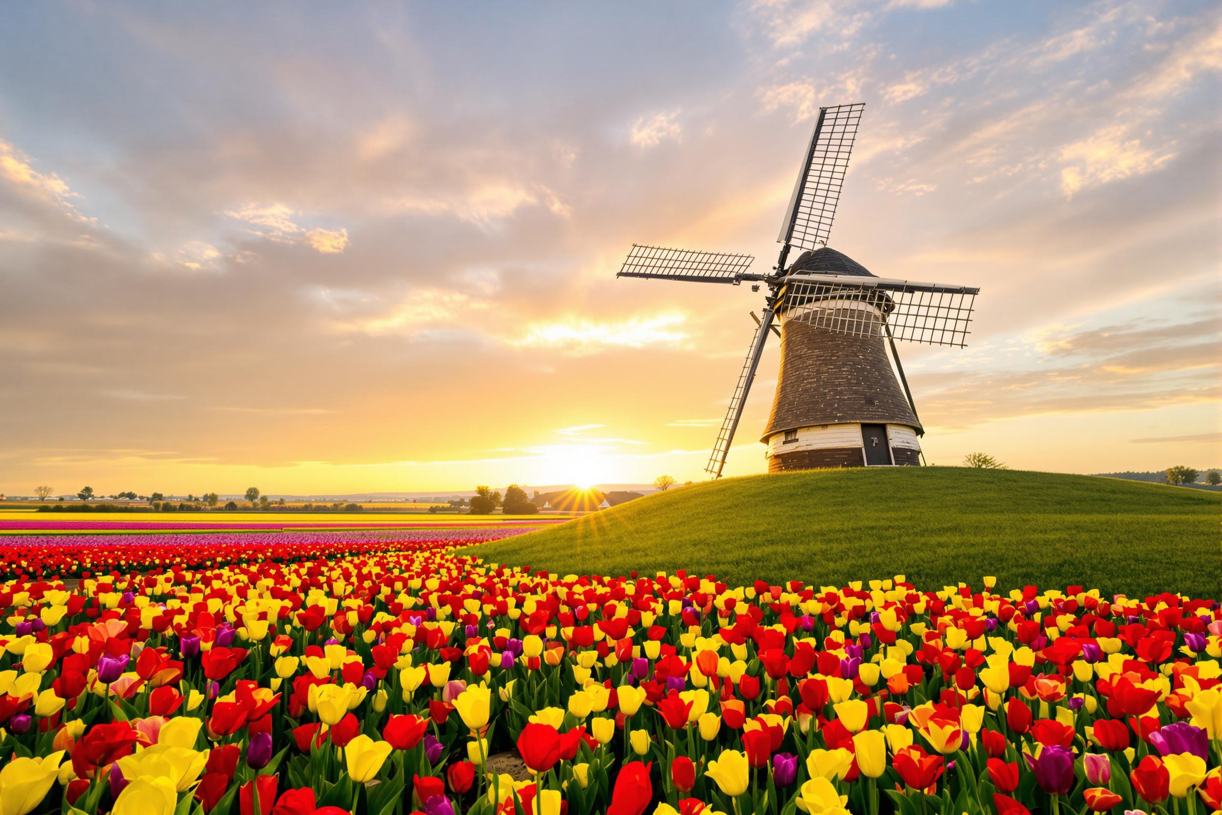 A charming windmill stands atop a grassy hill, overlooking an expansive tulip field bursting with colors. The sun sets in the background, casting a warm golden glow across the landscape. Vibrant tulips in shades of red, yellow, and purple sway gently in the breeze, while the windmill’s weathered wood adds rustic charm. The sky's hues blend seamlessly into the colorful flora below.