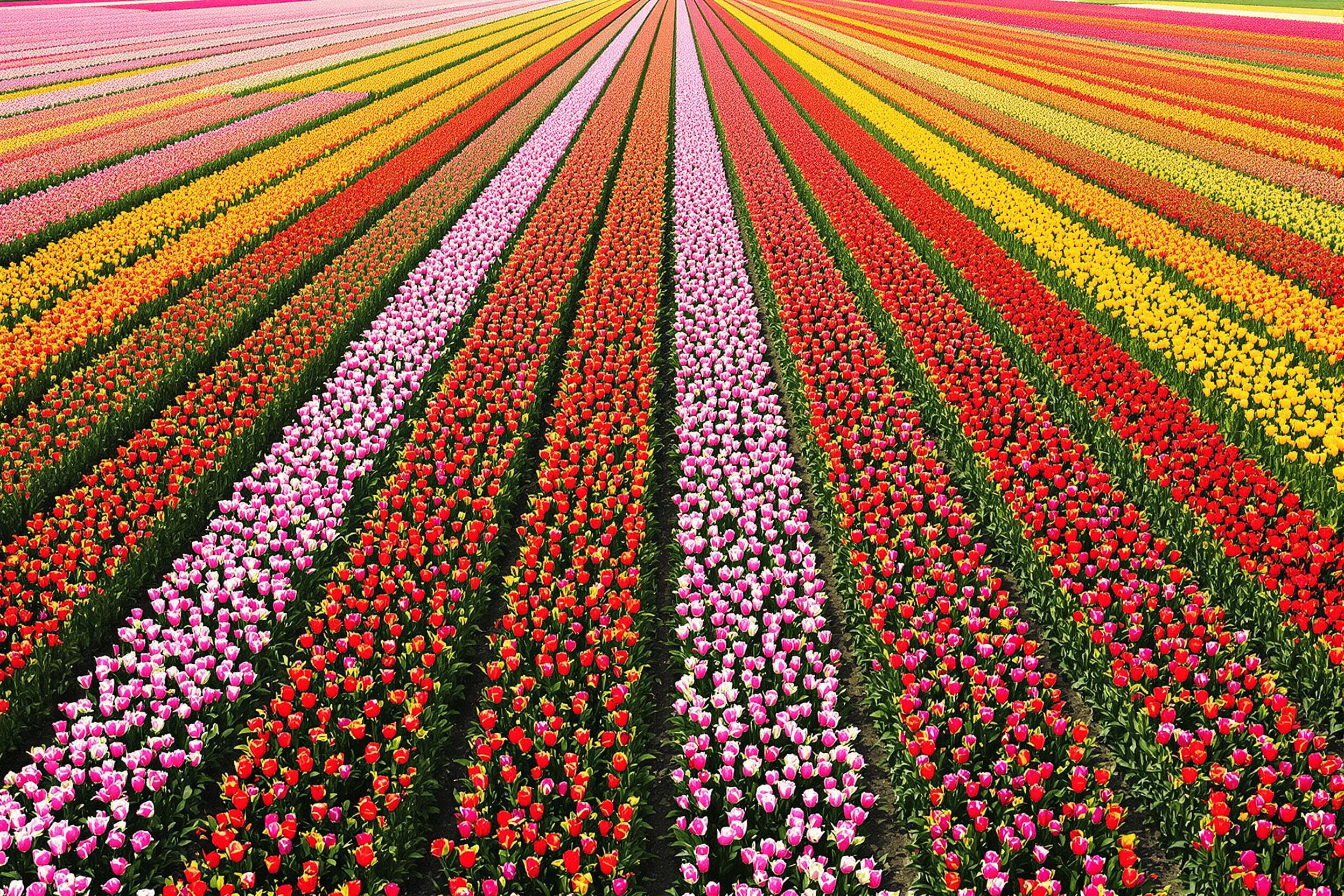 An aerial view reveals a breathtaking expanse of tulip fields bursting with vibrant colors. Rows of red, yellow, pink, and purple flowers form intricate geometric patterns against the backdrop of rich green foliage. The perfect midday sun illuminates the blooms, enhancing their hues as they stretch toward the sky, creating a joyful, picturesque springtime scene.