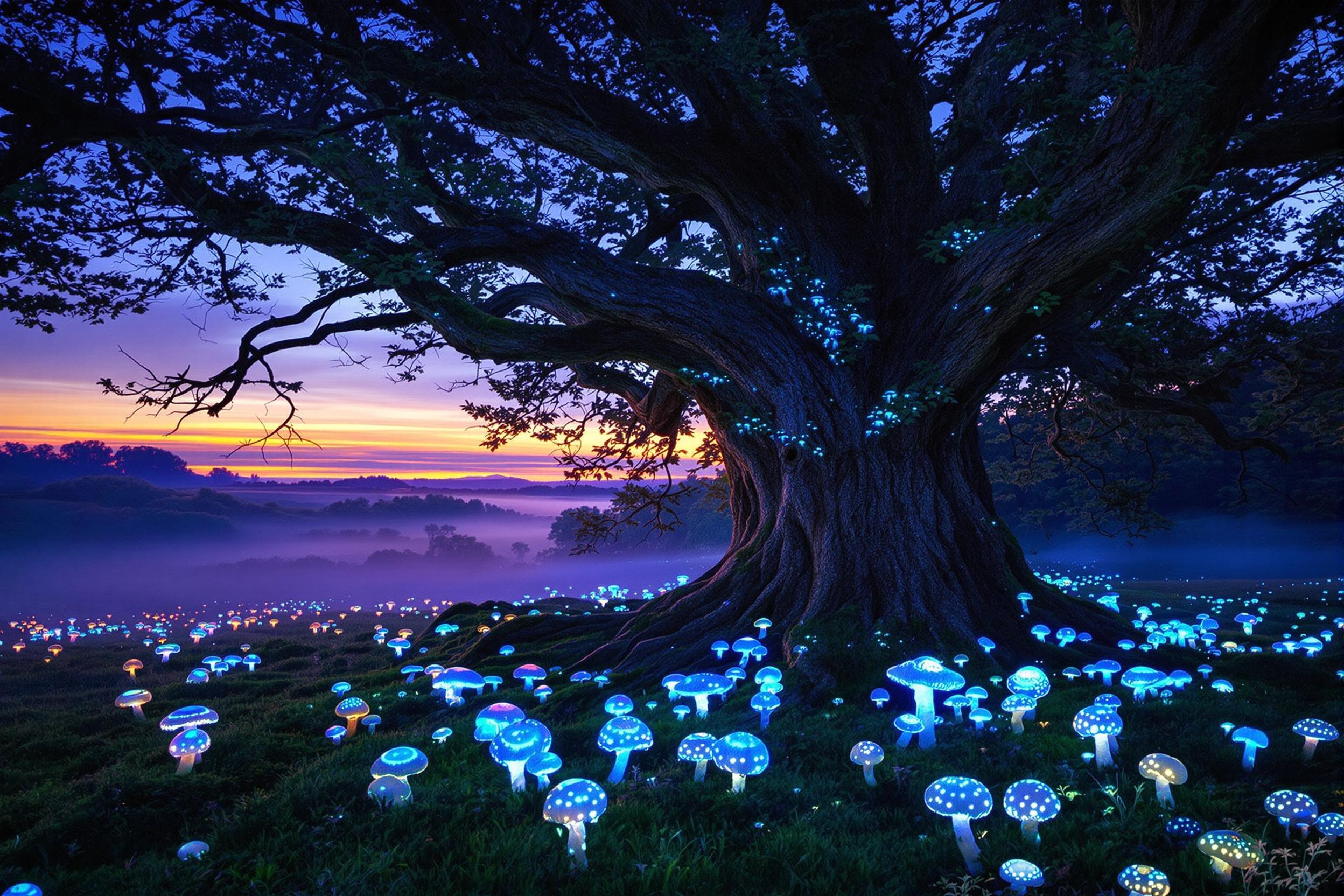 An ancient oak tree dominates a twilight meadow, its gnarled roots surrounded by glowing, bioluminescent mushrooms. Ethereal blue and purple light suffuses the scene, casting subtle shadows through mossy textures. Warm hues of fading sunlight illuminate the horizon while faint wisps of fog spread across the forest edge.