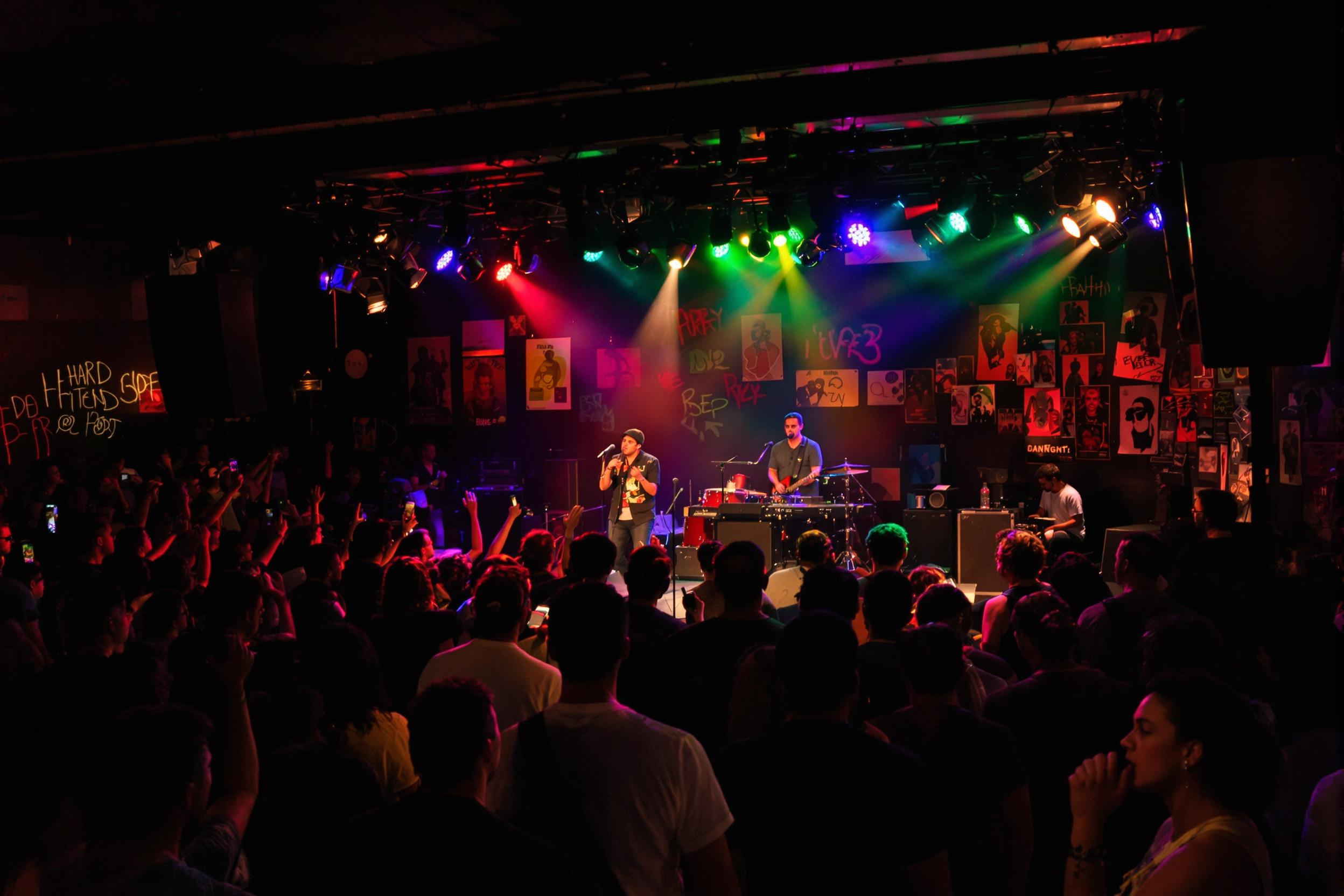 A lively underground music venue pulsates with energy as a local band performs on stage. Colored spotlights wash over the instruments, illuminating musicians passionately engaging the crowd. The audience, filled with diverse faces, sways to the rhythm, creating a sea of movement. Walls adorned with posters and graffiti add to the urban vibe, while shadows loom in dim corners.