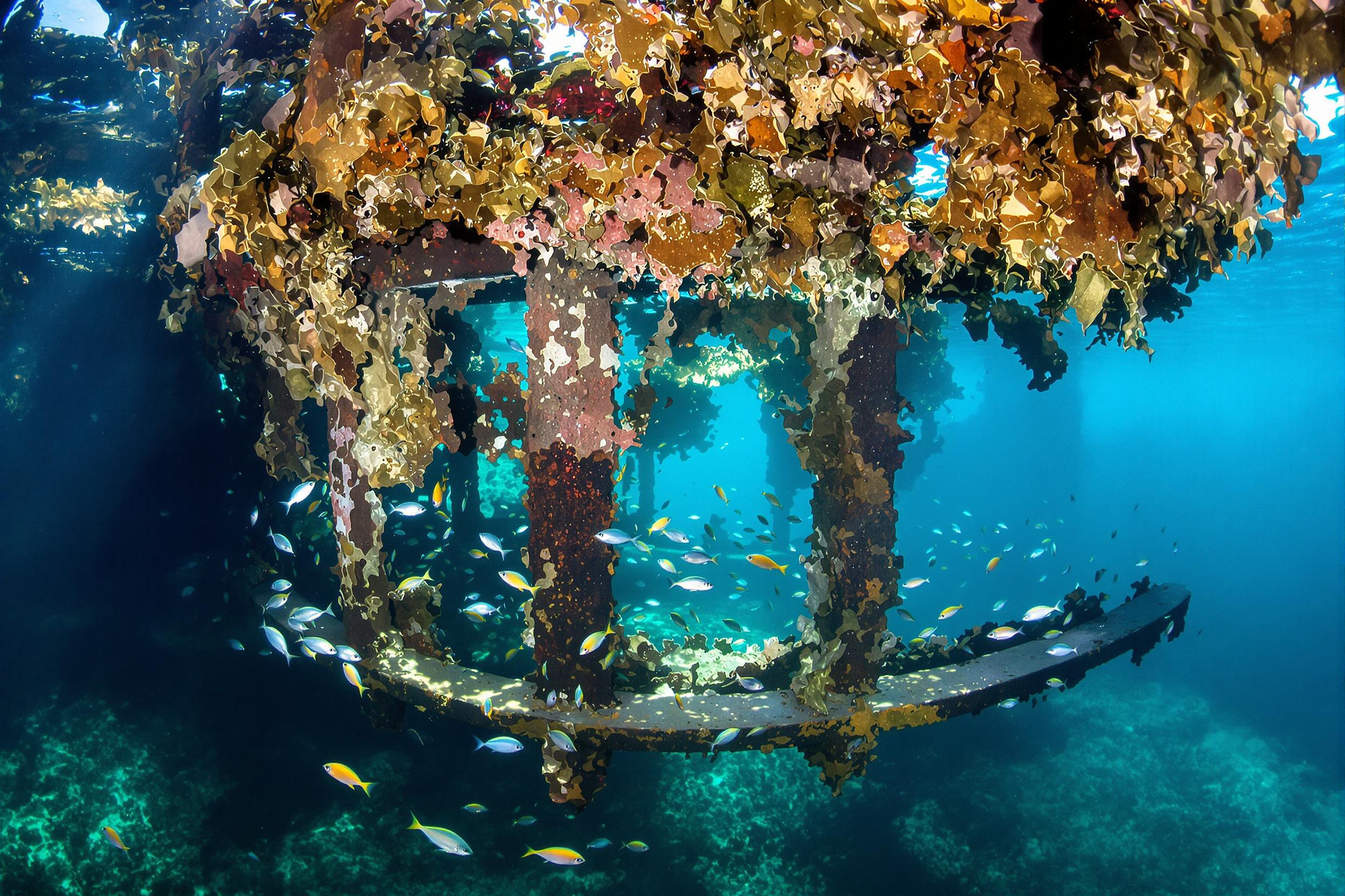 An underwater shipwreck teems with bright marine life, including schools of fish swirling around rusted metal debris. Coral and seaweed cling to the structure, illuminated softly by sunrays filtering through the calm turquoise waters above. In the background, mysterious shadows suggest the depths beyond.