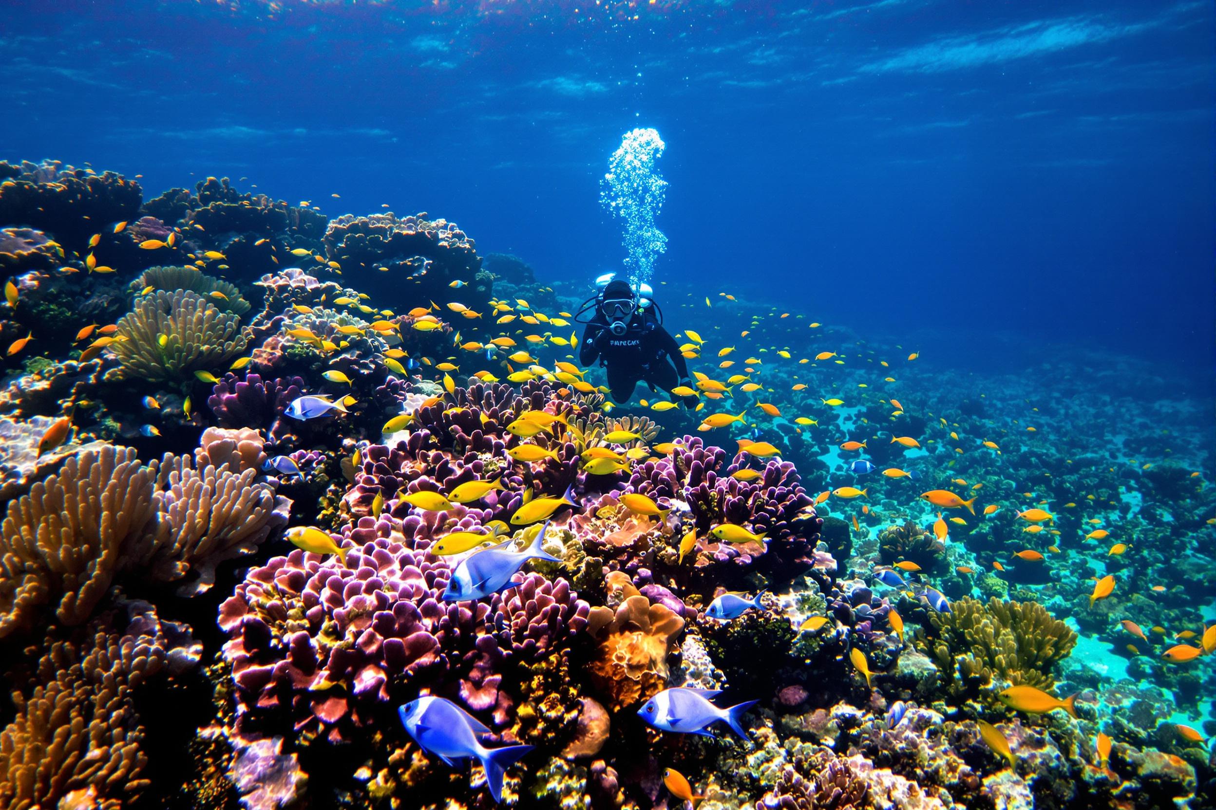 Beneath crystal-clear azure waters, a scuba diver hovers above a vibrant coral reef teeming with marine life. Sunlight streams down in streaks, illuminating neon-colored fish and intricate coral formations. The diver’s sleek black suit contrasts sharply against the colorful underwater world. Bubbles rise as the serene aquatic ecosystem comes alive in vivid hues.