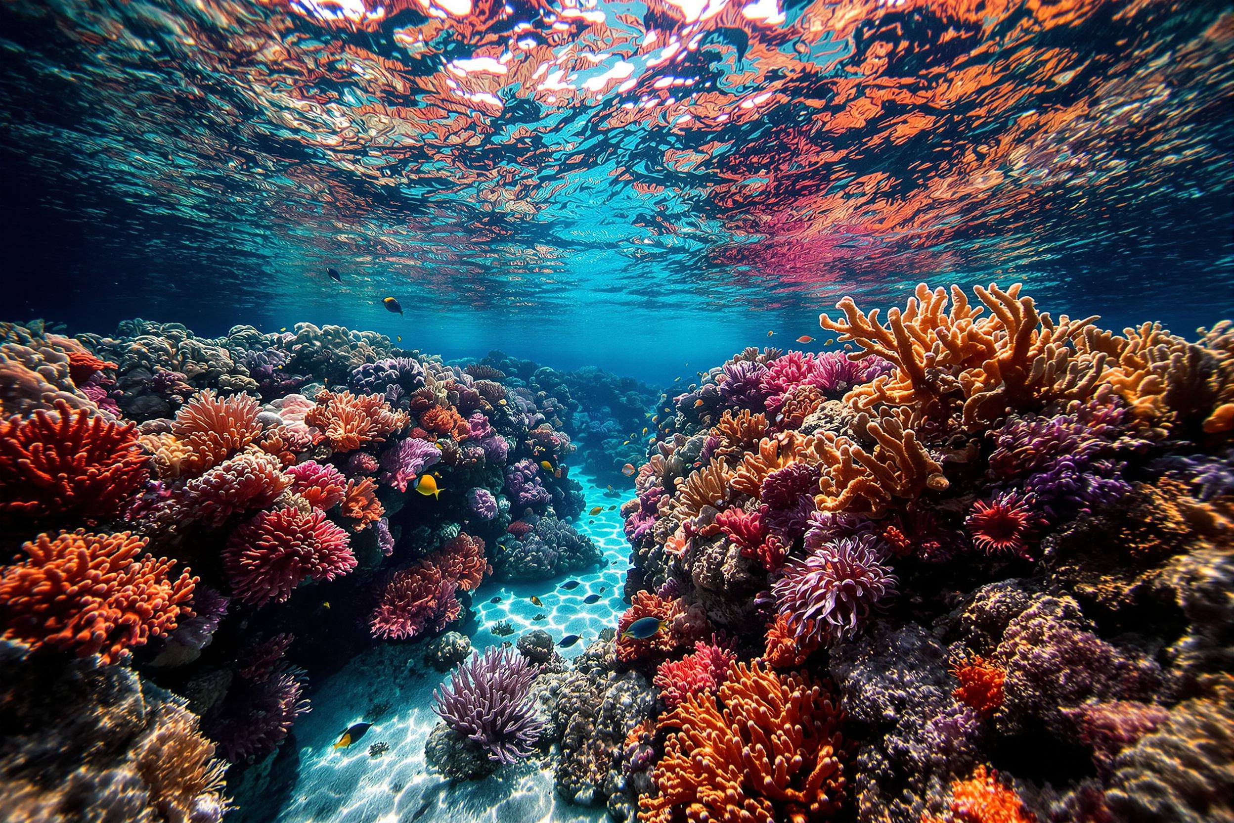 Beneath clear ocean waves, an otherworldly coral garden thrives. Vibrant coral reefs in shades of red, orange, pink, and purple spread across the seafloor, dotted with anemones and darting tropical fish. Sunlight filters gently through rippling water, creating luminous pathways that highlight the intricate textures of this underwater haven.