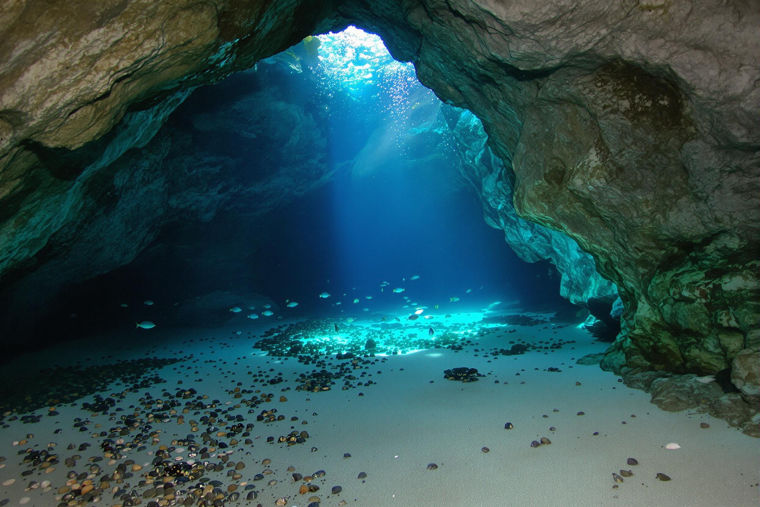 Light streams into a submerged cave from the surface, illuminating smooth rock walls with blue and green hues. Silvery fish dart through the water as air bubbles rise slowly. The sandy floor appears unevenly scattered with shells and pebbles, forming a tranquil yet surreal aquatic realm.