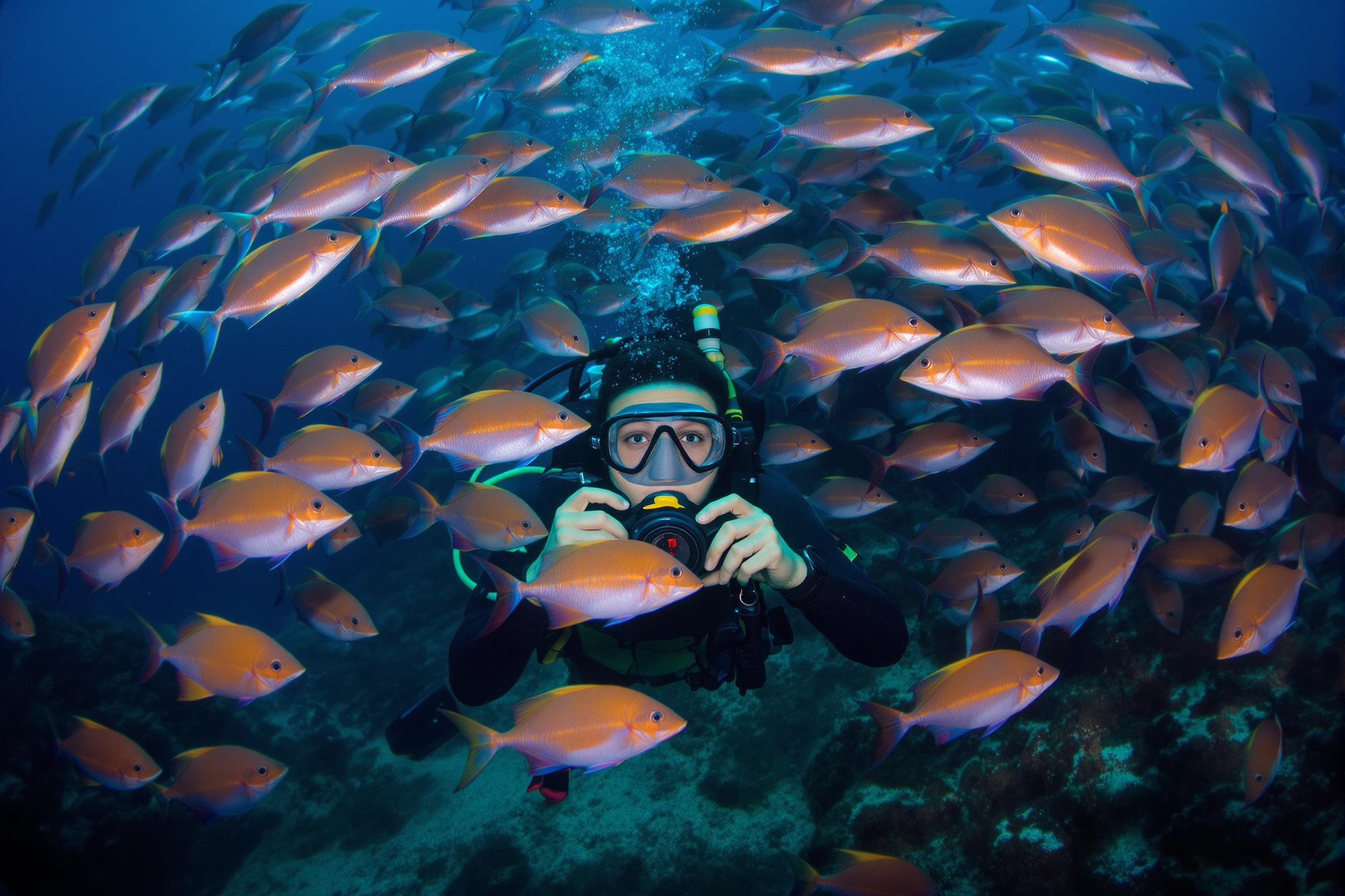 Capture the excitement of underwater photography as a scuba diver frames the perfect shot. This dynamic image depicts a photographer surrounded by a school of colorful fish, highlighting the adventure and skill involved in capturing the ocean's hidden wonders.