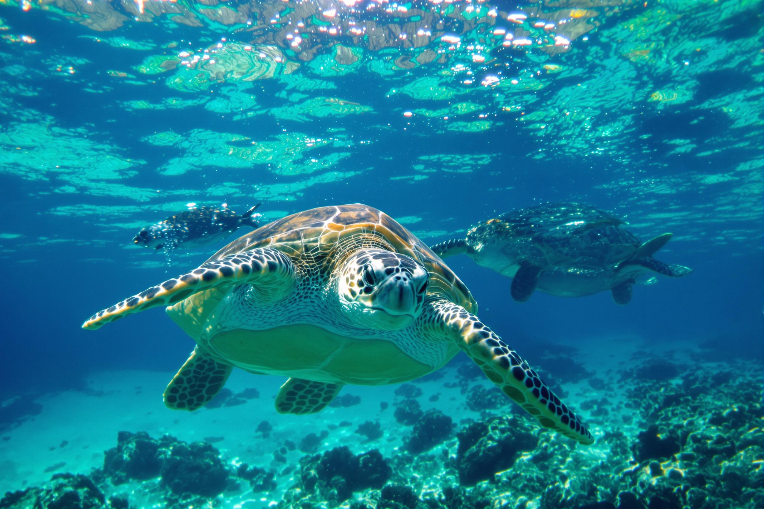 Witness the graceful journey of a majestic sea turtle gliding through crystal clear tropical waters. This serene underwater photograph showcases the turtle's elegant form against a backdrop of shimmering sunlight filtering through the ocean's surface.