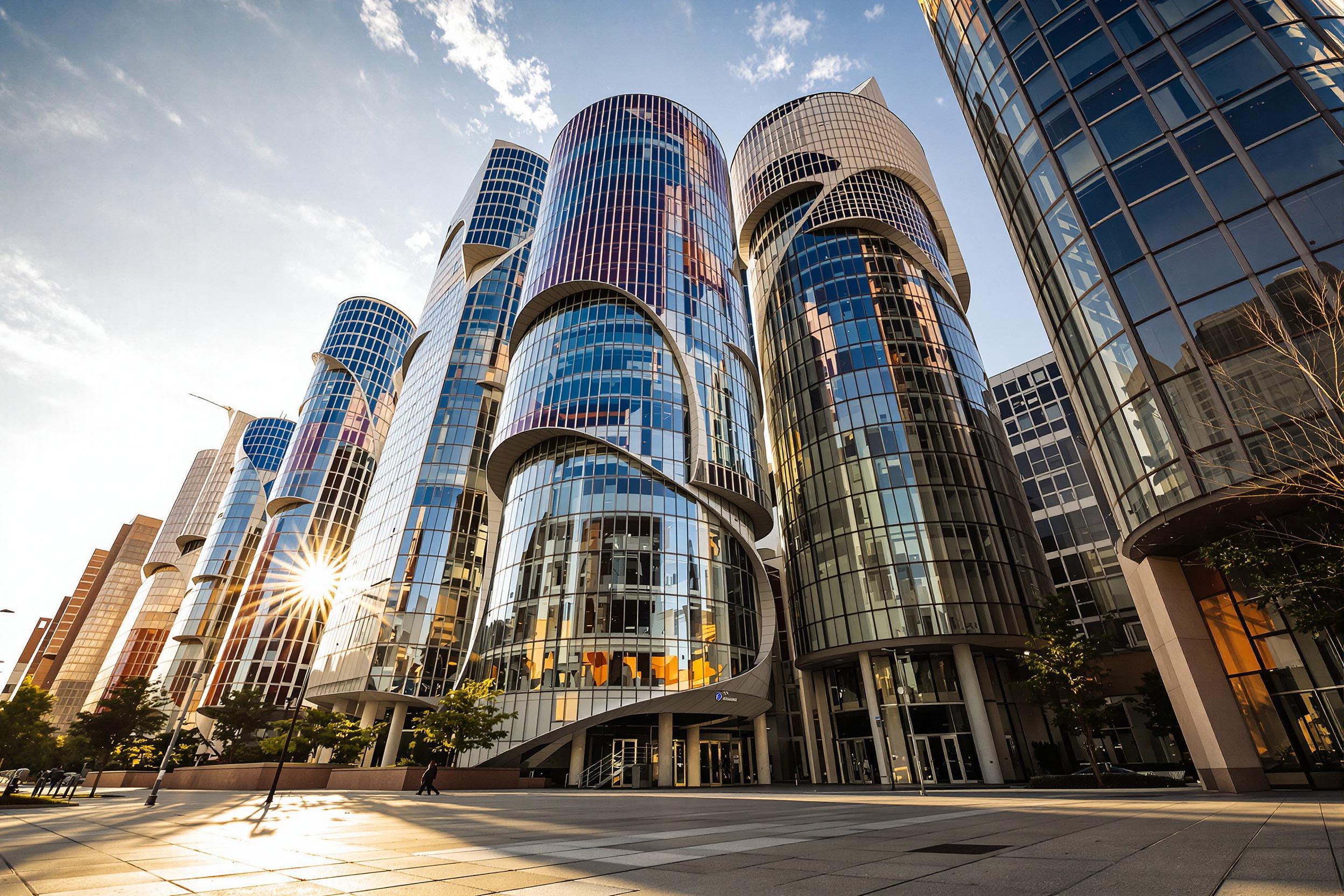 A striking low-angle view captures a cluster of unique urban buildings bathed in warm sunlight during late afternoon. The modern skyscrapers boast unusual shapes and materials, from gleaming glass panels to textured concrete surfaces. Long shadows stretch across the pavement, creating dynamic lines that guide the eye upward toward the intriguing architectural features towering above. Rich hues accented by reflections add depth to the composition.