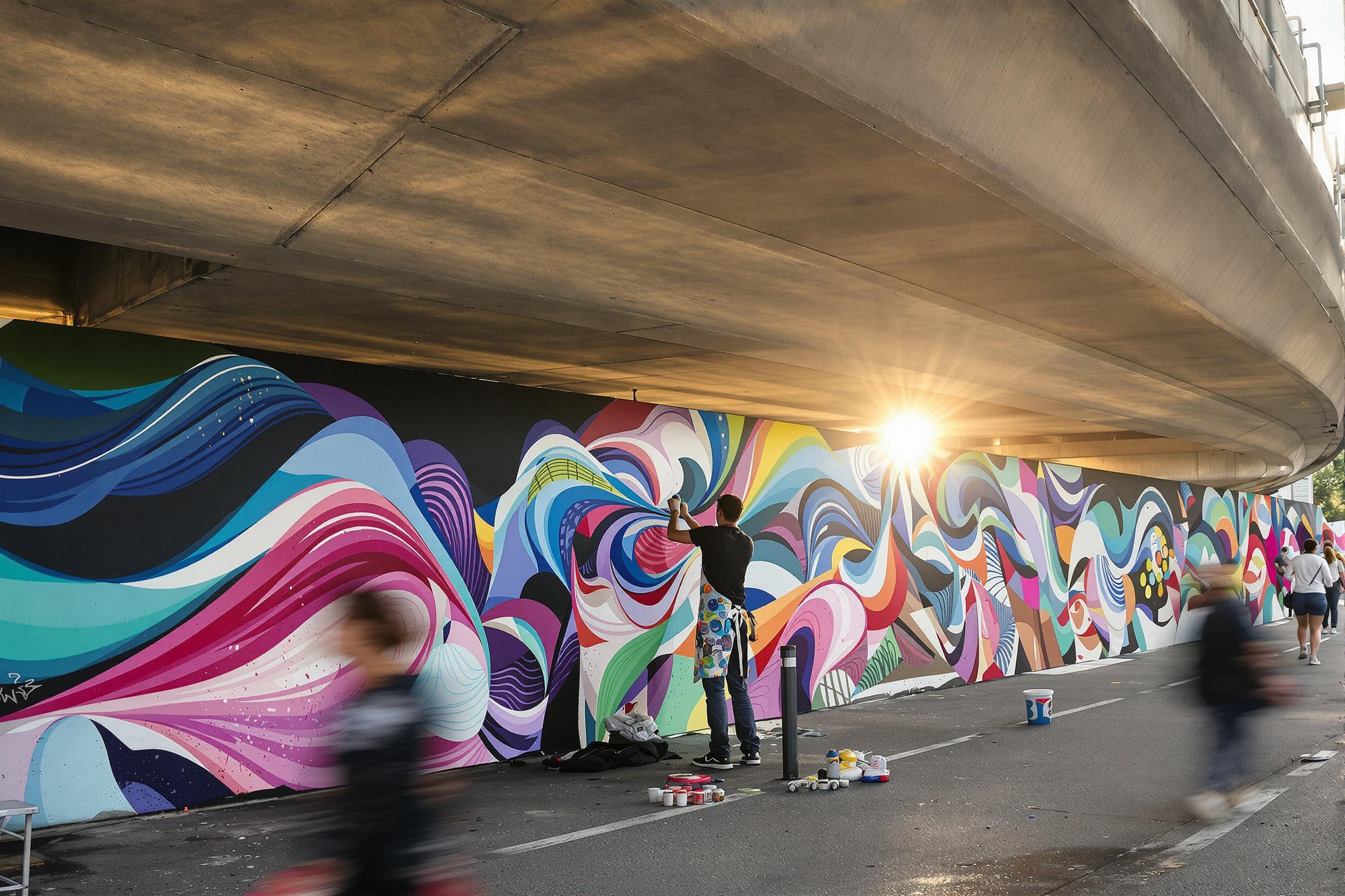 An urban street artist passionately works on a vibrant mural beneath a concrete overpass. The scene bursts with colors, as the artist, wearing a paint-splattered apron, skillfully applies spray paint to large, abstract designs that flow across the wall. Soft, warm light from the setting sun filters through the structure, creating a warm glow around the artist while blurred pedestrians pass by, adding a lively context.