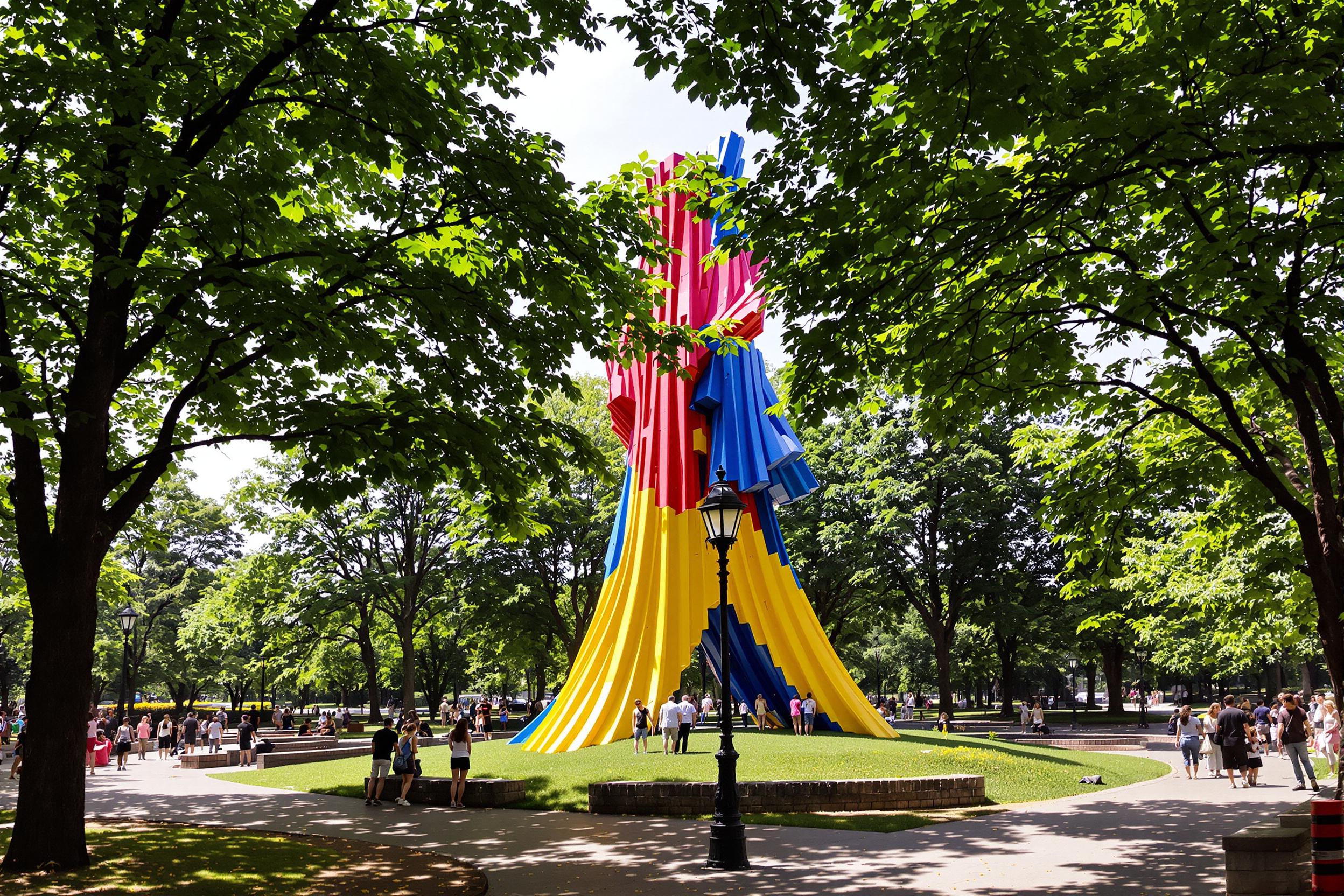 A striking urban art installation captivates visitors in a lively public park. The large, sculptural piece blends vibrant colors of red, blue, and yellow, standing amidst lush green trees. Surrounding it, pathways are bustling with people enjoying the day, some pausing to admire the artwork. Sunlight filters through the leaves, casting playful shadows that add depth to the scene.