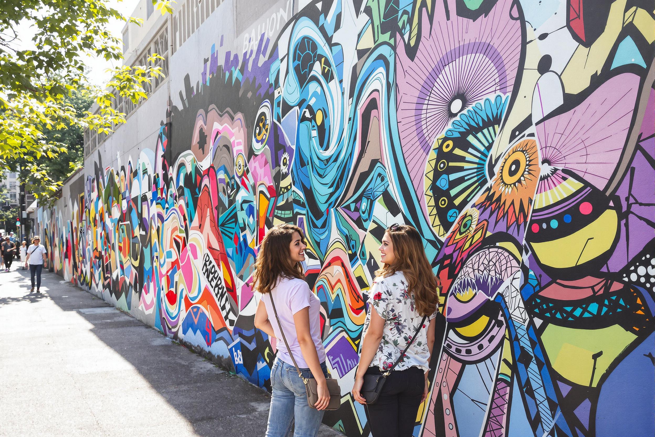 Two young adults stand absorbed in a striking mural along a bustling city wall, their eyes wide with admiration. The artwork, featuring swirling colors and vivid patterns, creates a lively backdrop for their candid poses. Sunlight washes over them, highlighting their casual outfits and joyful expressions as they discuss what they see.